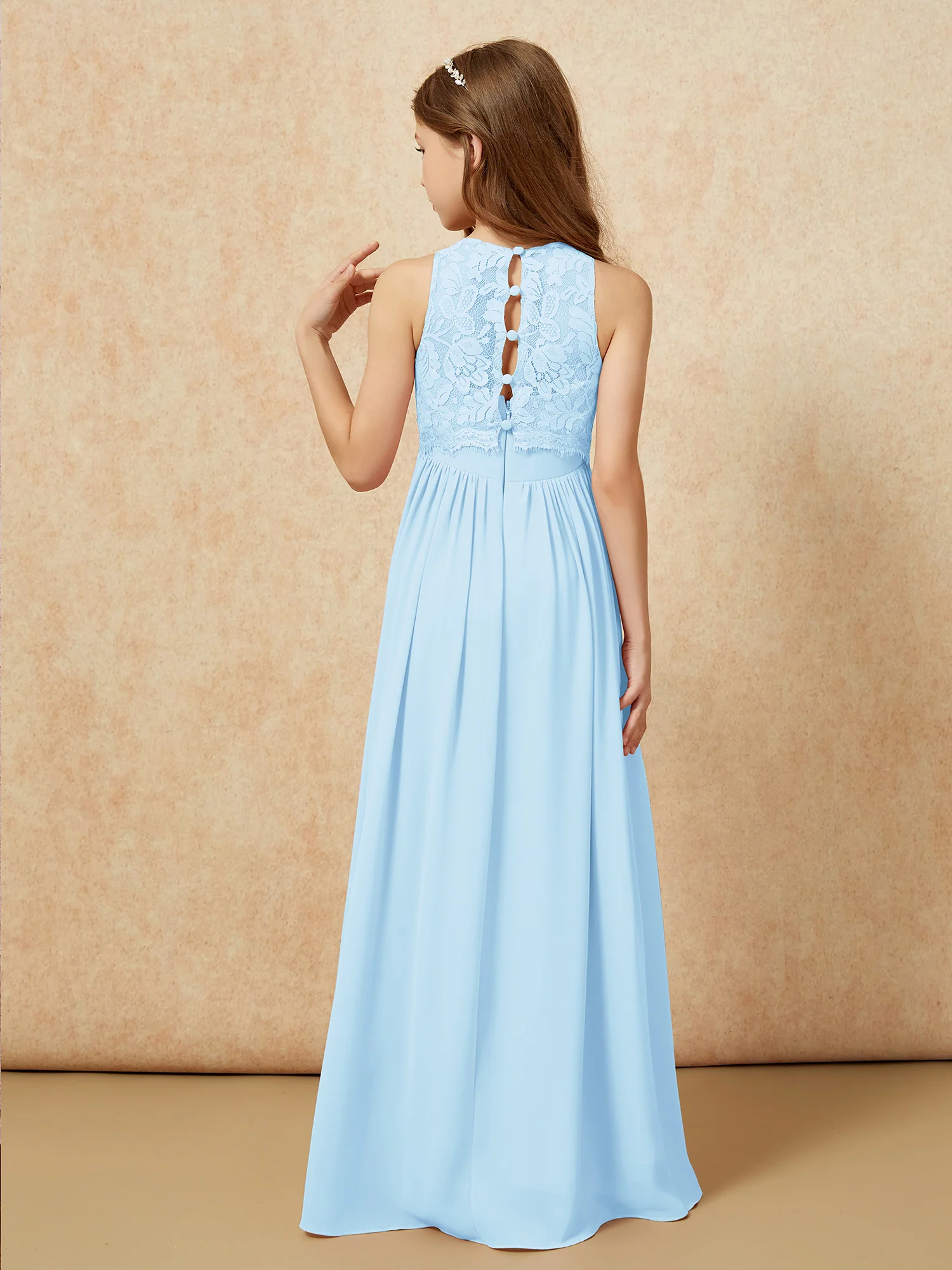 Sleeveless Lace Chiffon A-line Junior Bridesmaid Dress Sky Blue - Image 2