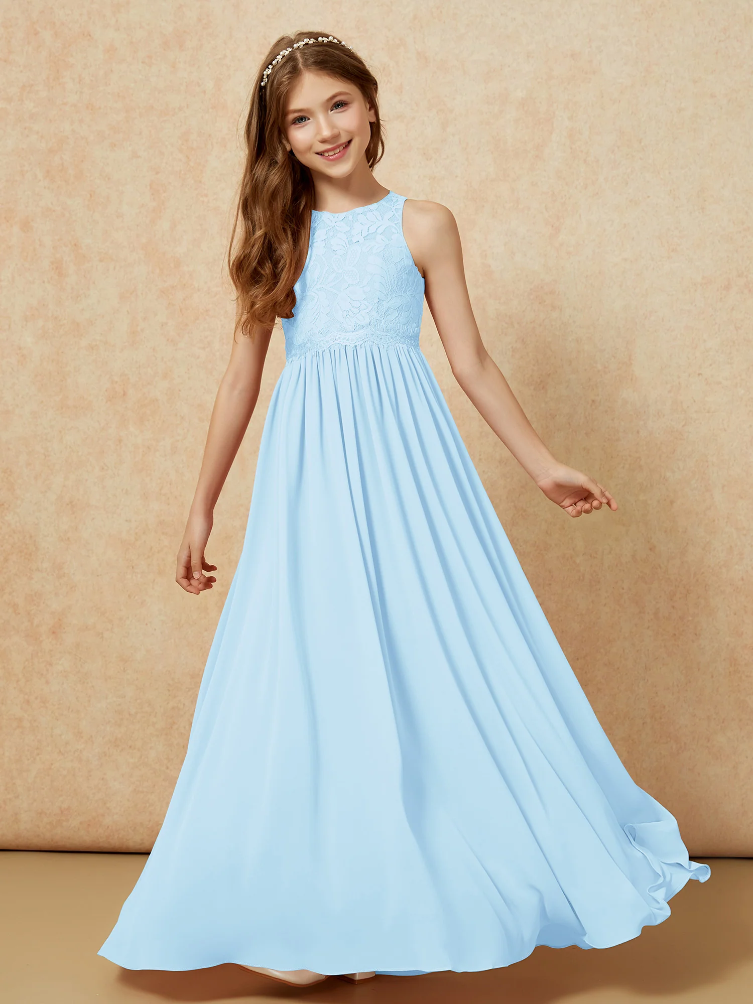 Sleeveless Lace Chiffon A-line Junior Bridesmaid Dress Sky Blue - Image 4