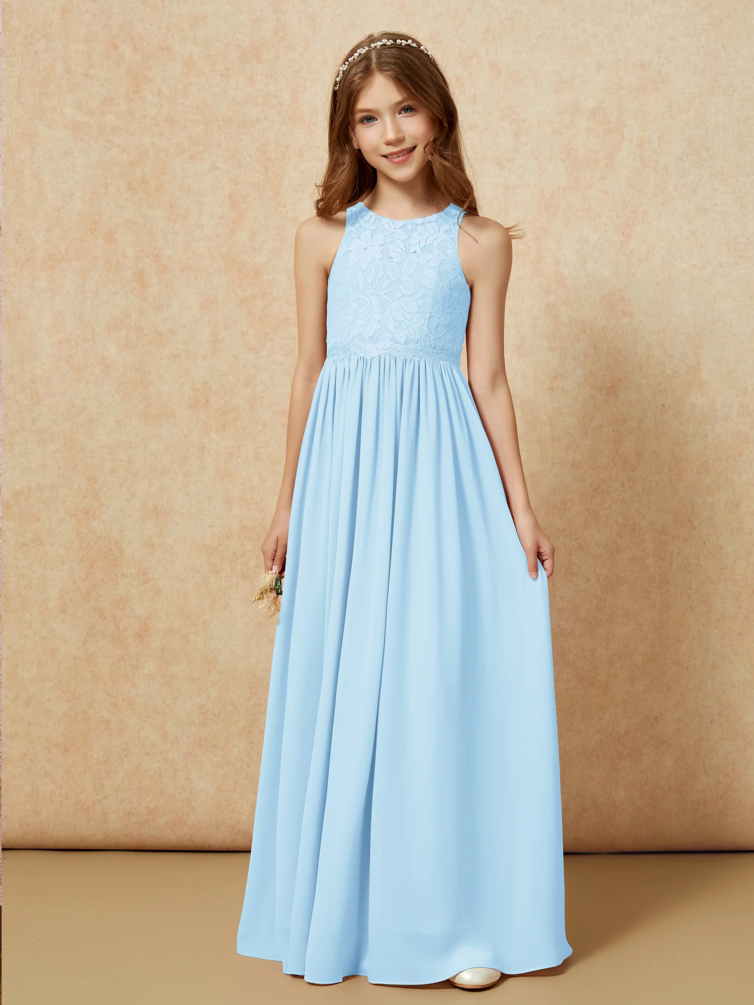 Sleeveless Lace Chiffon A-line Junior Bridesmaid Dress Sky Blue - Image 6