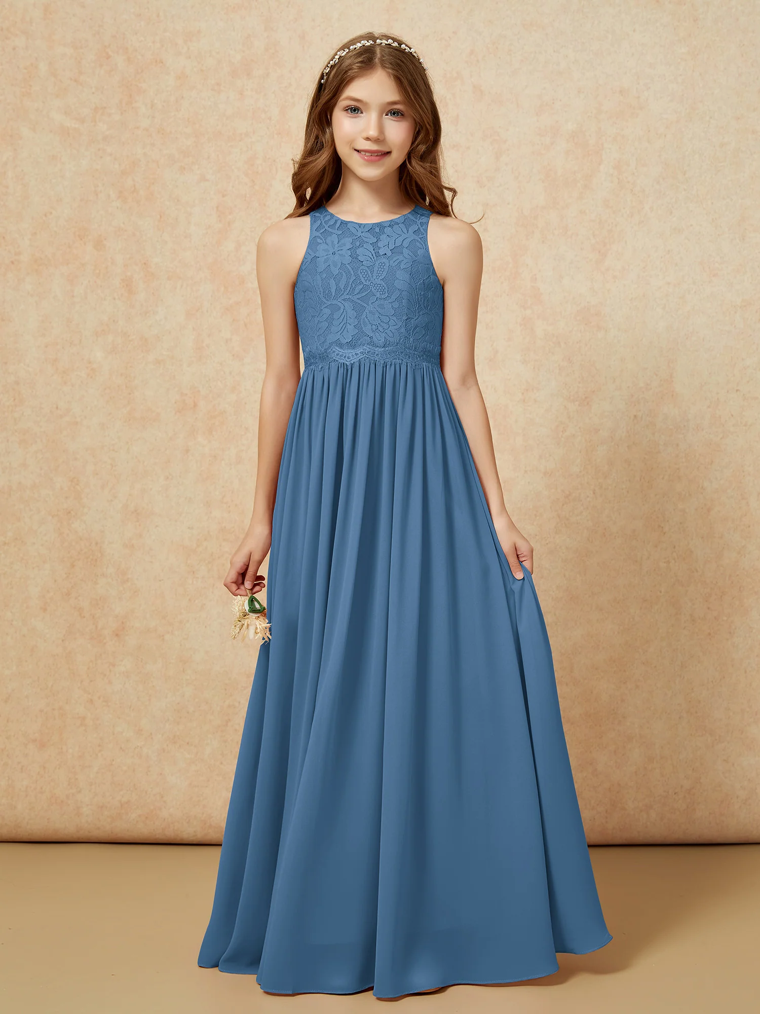 Sleeveless Lace Chiffon A-line Junior Bridesmaid Dress Slate Blue