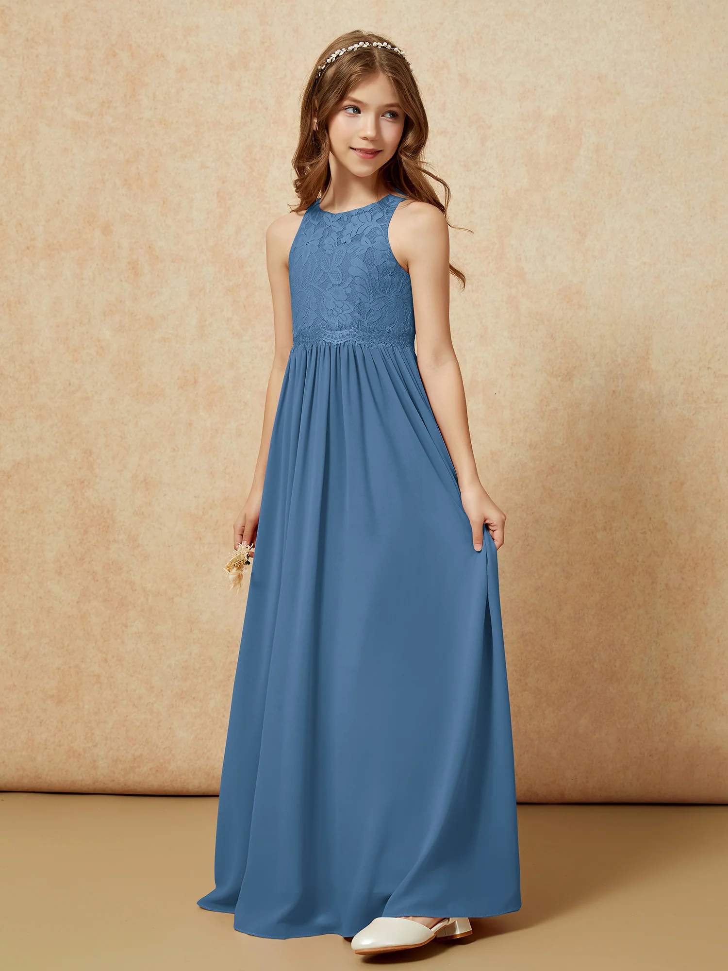 Sleeveless Lace Chiffon A-line Junior Bridesmaid Dress Slate Blue - Image 3