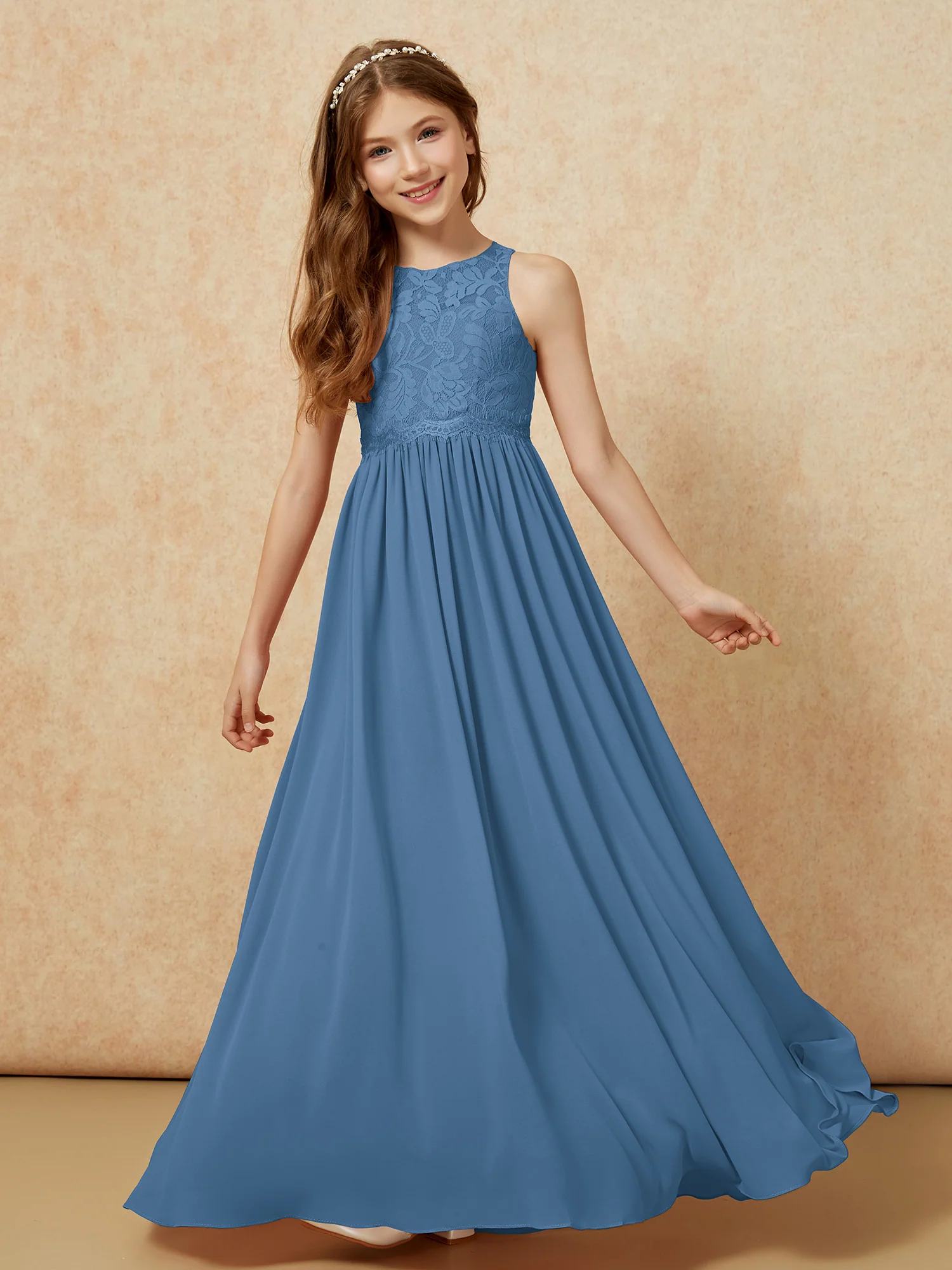 Sleeveless Lace Chiffon A-line Junior Bridesmaid Dress Slate Blue - Image 4