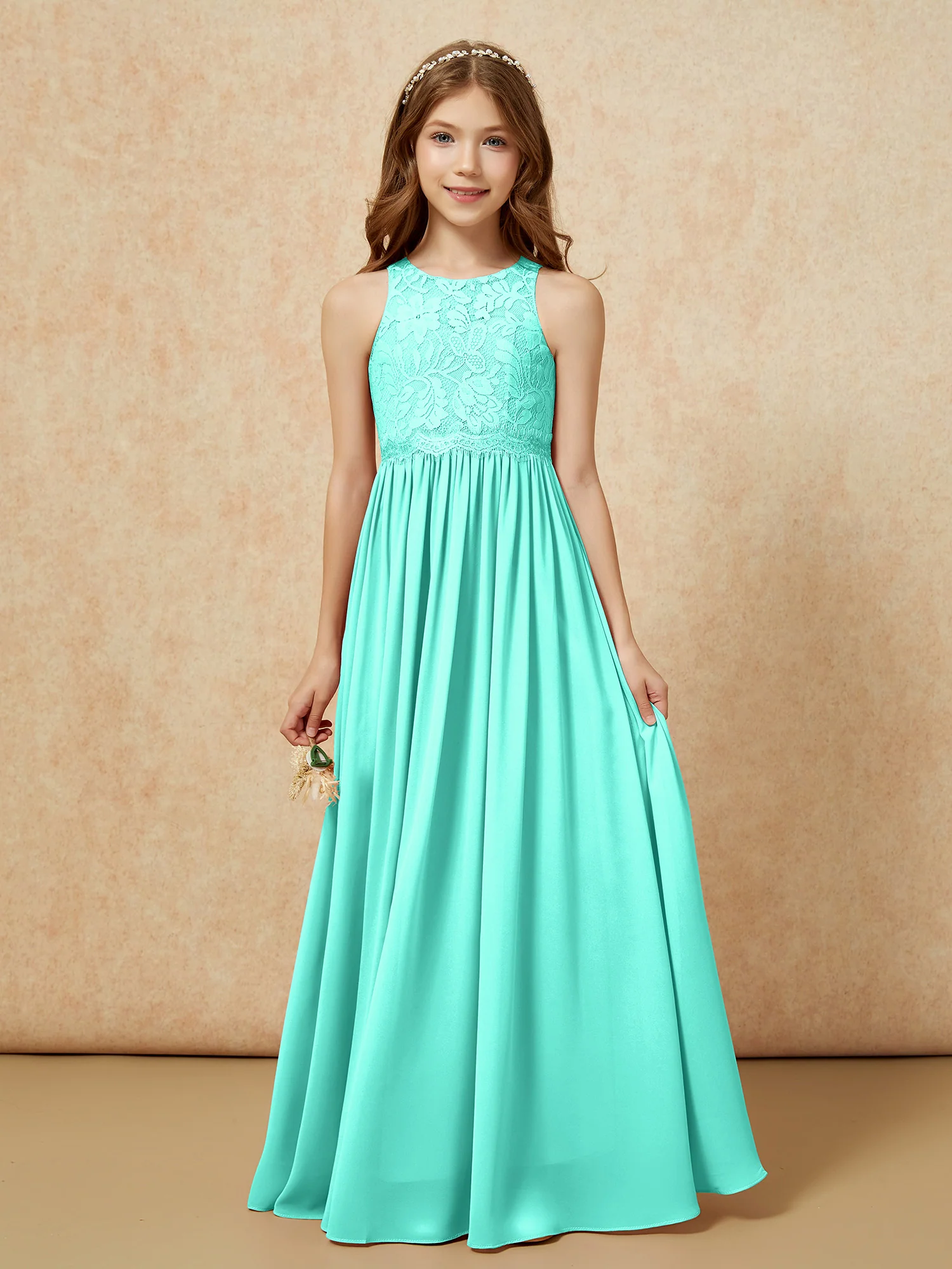 Sleeveless Lace Chiffon A-line Junior Bridesmaid Dress Spa