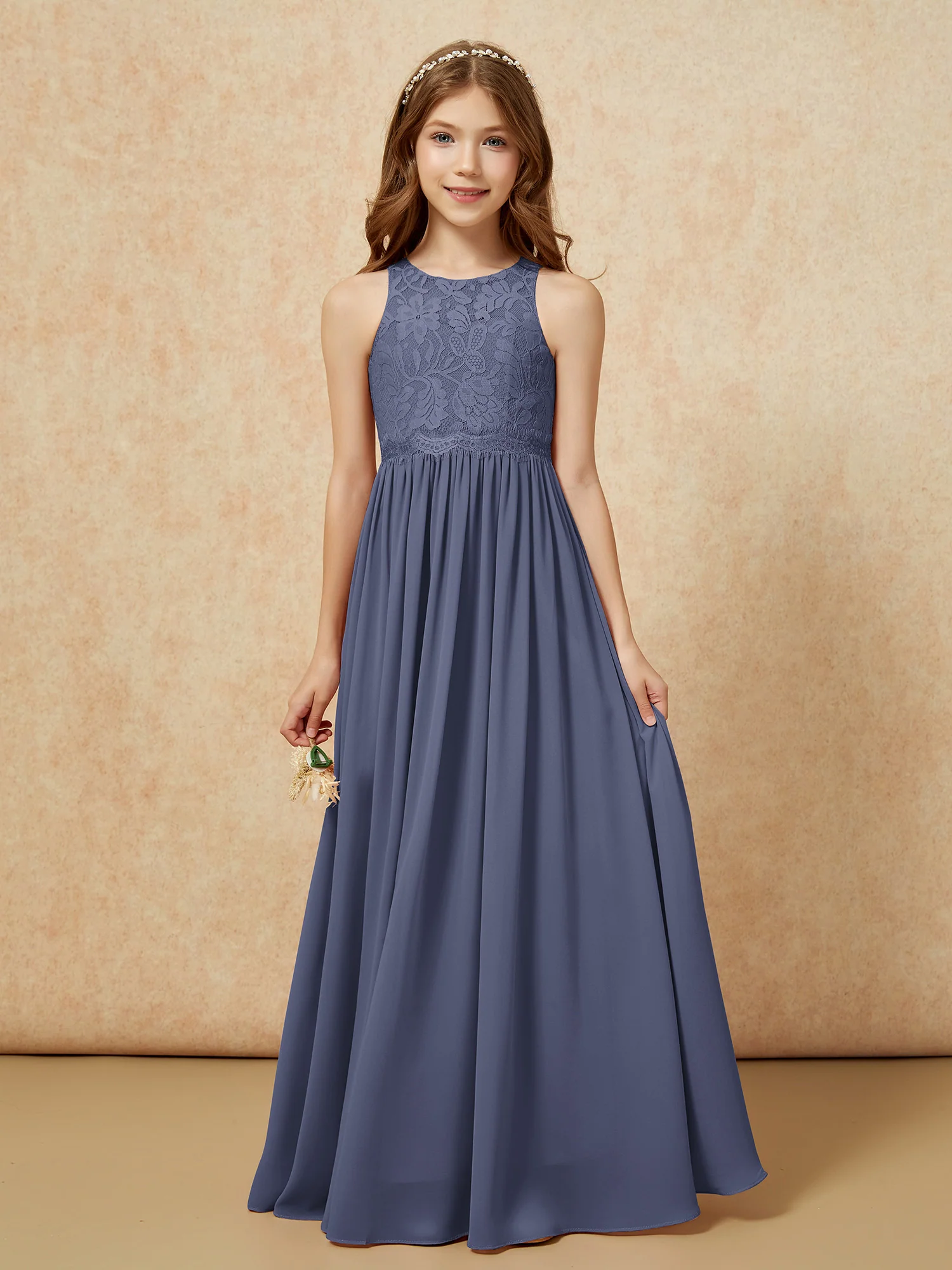 Sleeveless Lace Chiffon A-line Junior Bridesmaid Dress Stormy
