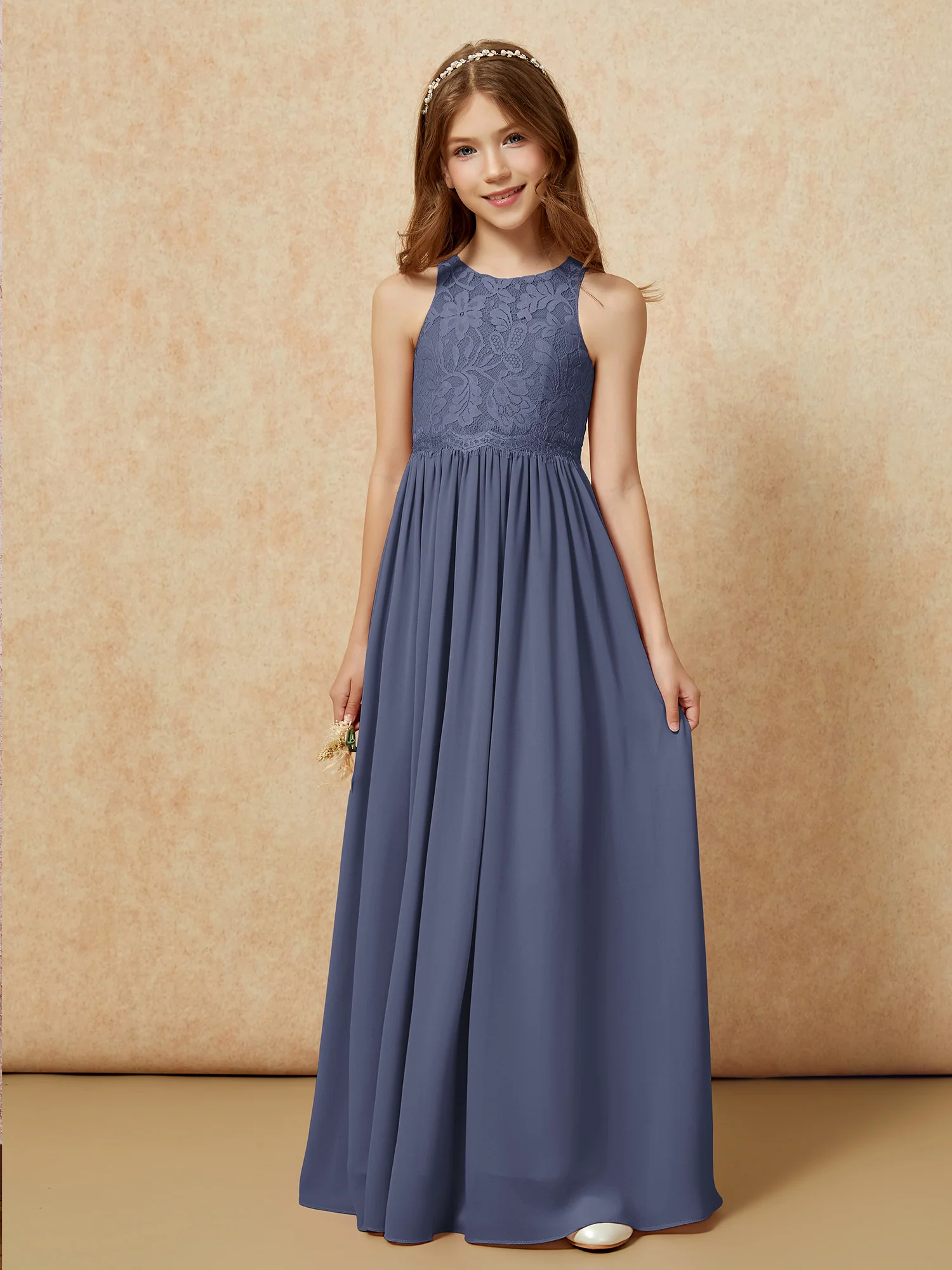 Sleeveless Lace Chiffon A-line Junior Bridesmaid Dress Stormy - Image 6