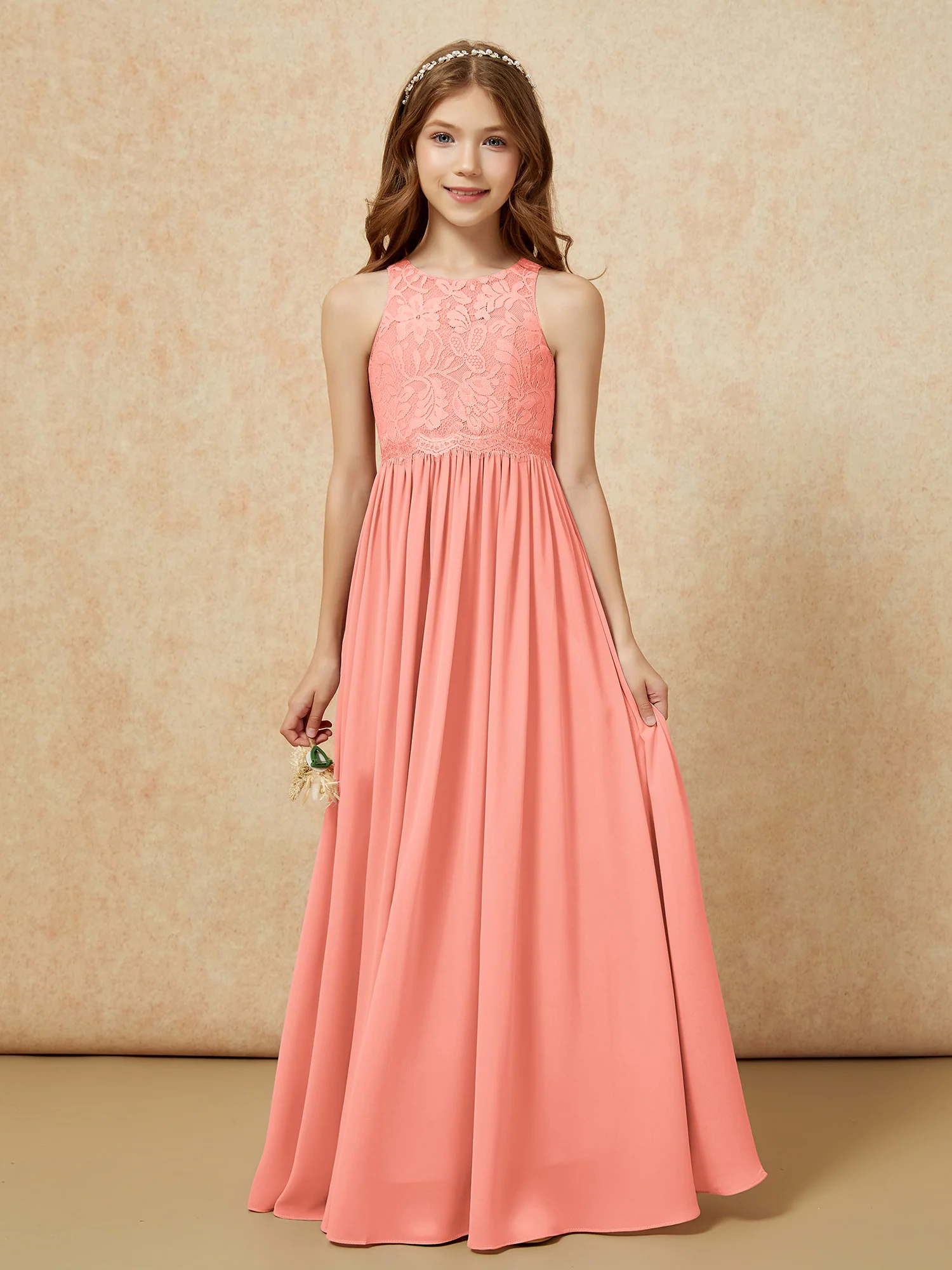 Sleeveless Lace Chiffon A-line Junior Bridesmaid Dress Sunset