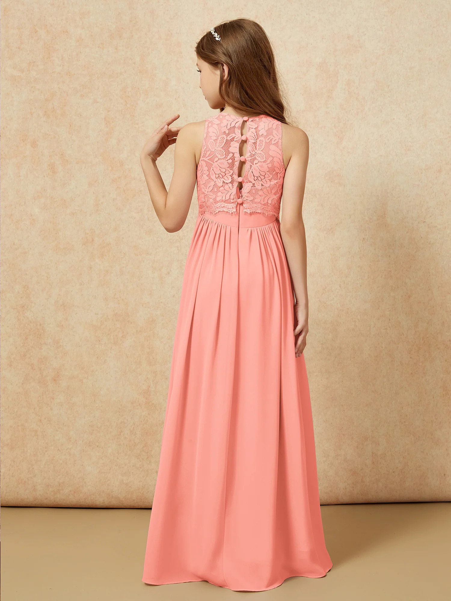Sleeveless Lace Chiffon A-line Junior Bridesmaid Dress Sunset - Image 2