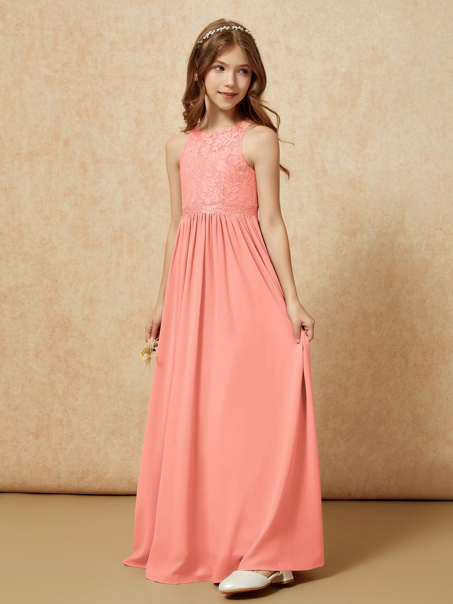 Sleeveless Lace Chiffon A-line Junior Bridesmaid Dress Sunset - Image 3