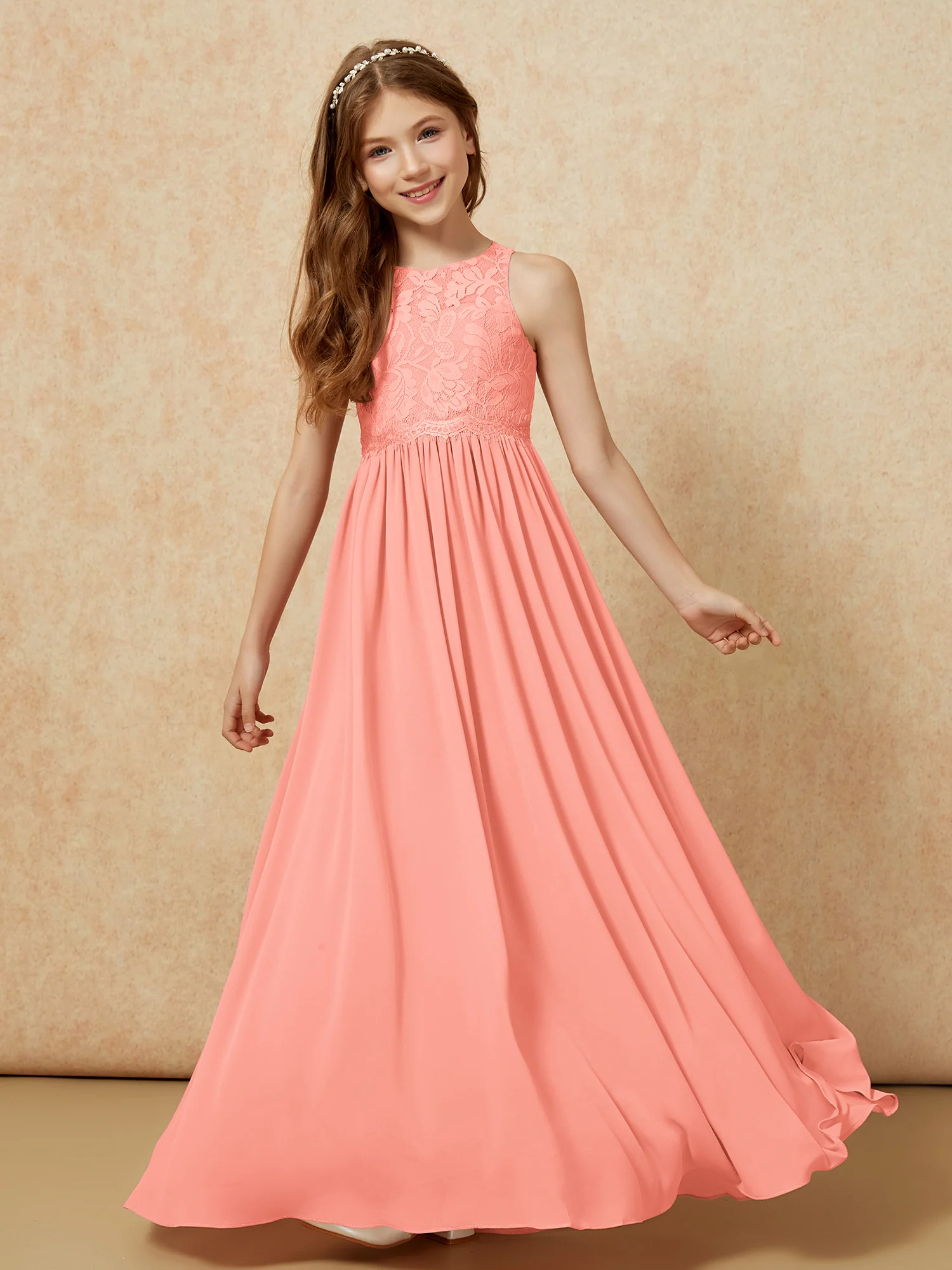 Sleeveless Lace Chiffon A-line Junior Bridesmaid Dress Sunset - Image 4