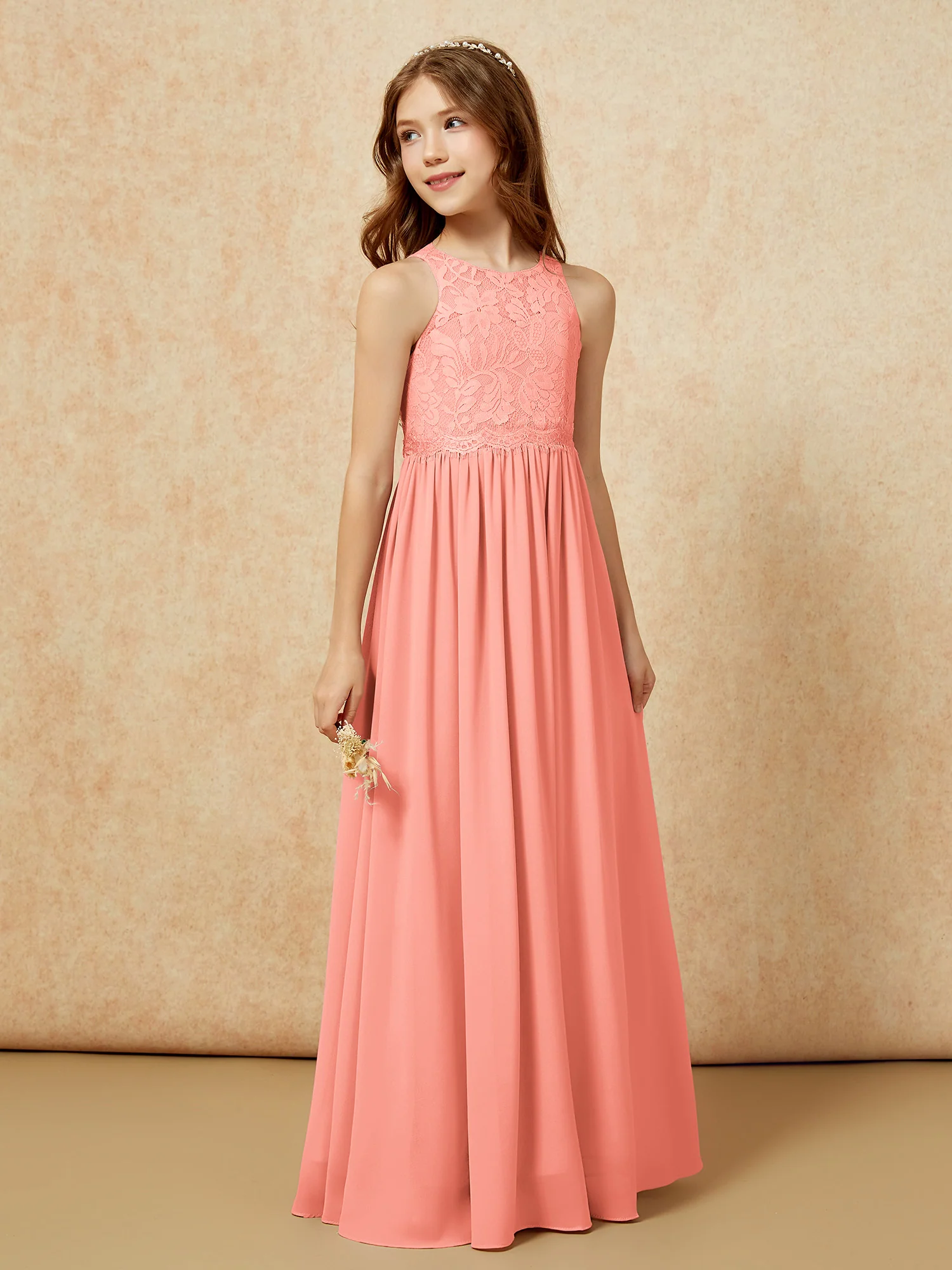Sleeveless Lace Chiffon A-line Junior Bridesmaid Dress Sunset - Image 5