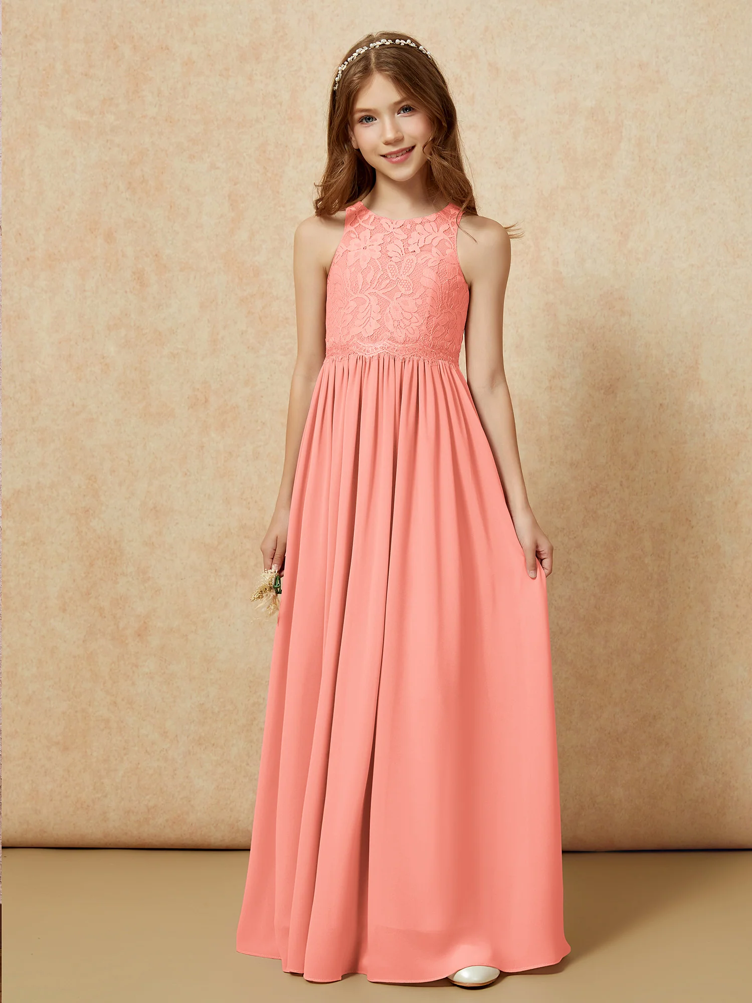Sleeveless Lace Chiffon A-line Junior Bridesmaid Dress Sunset - Image 6