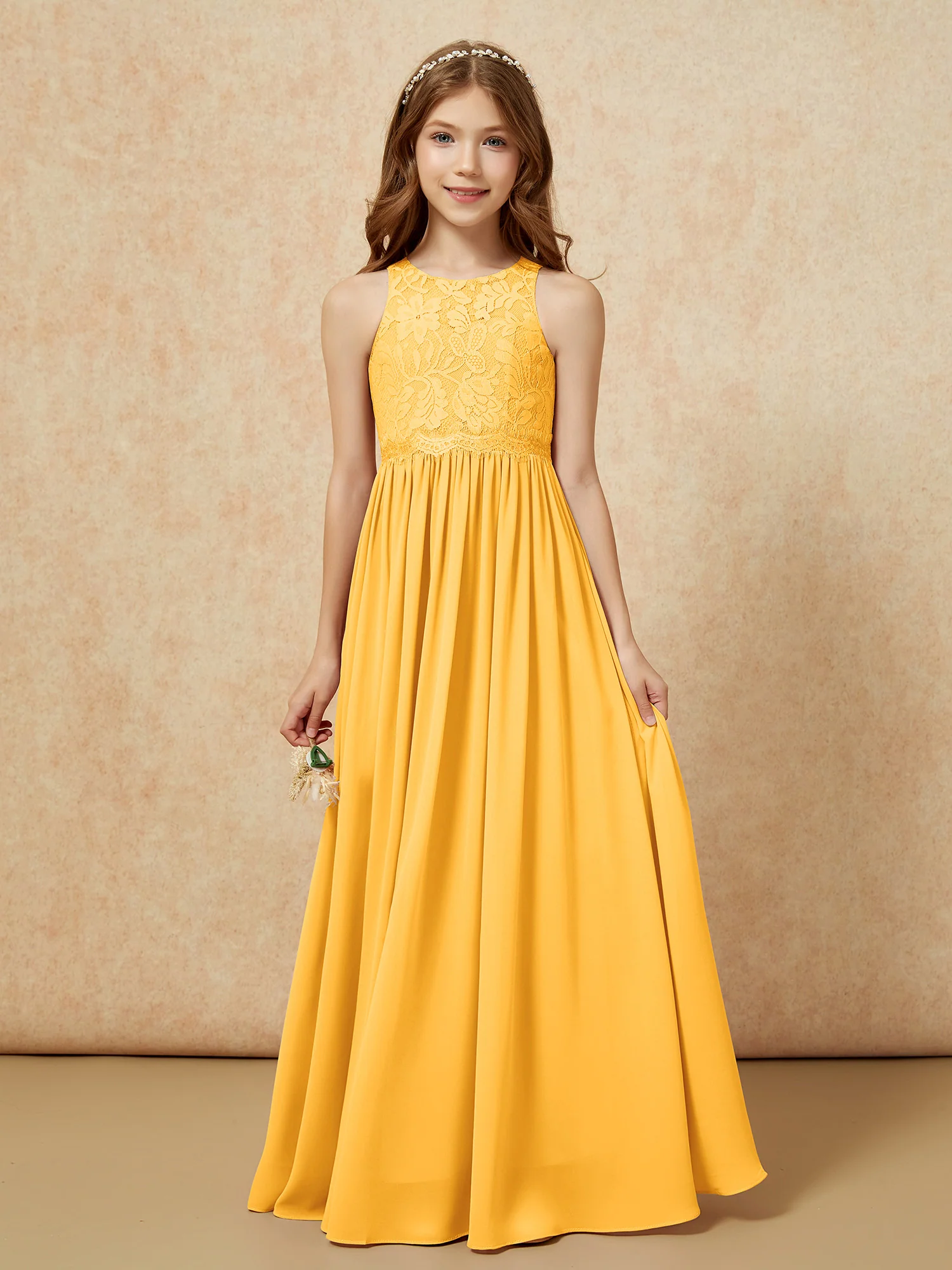 Sleeveless Lace Chiffon A-line Junior Bridesmaid Dress Tangerine