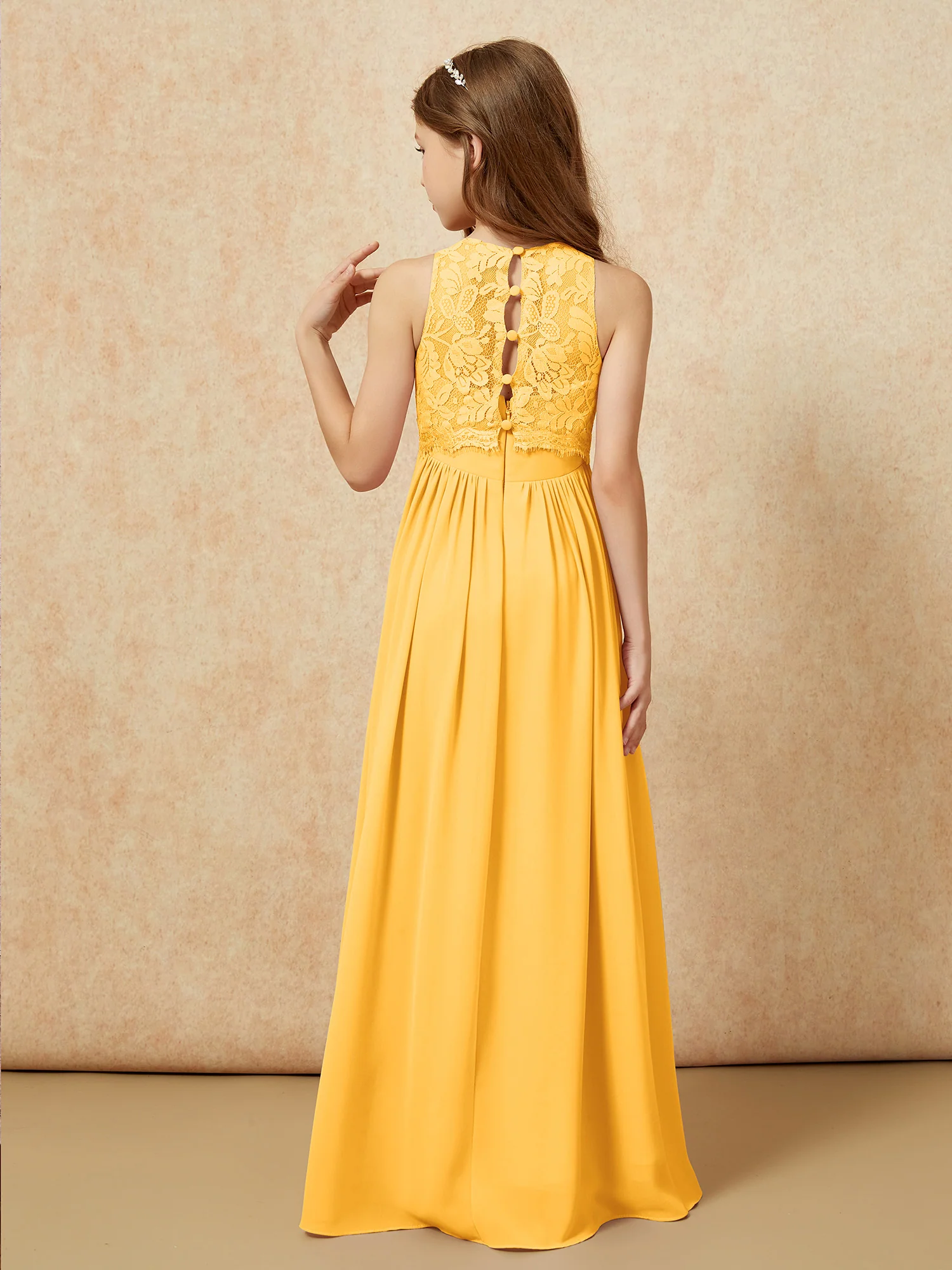 Sleeveless Lace Chiffon A-line Junior Bridesmaid Dress Tangerine - Image 2