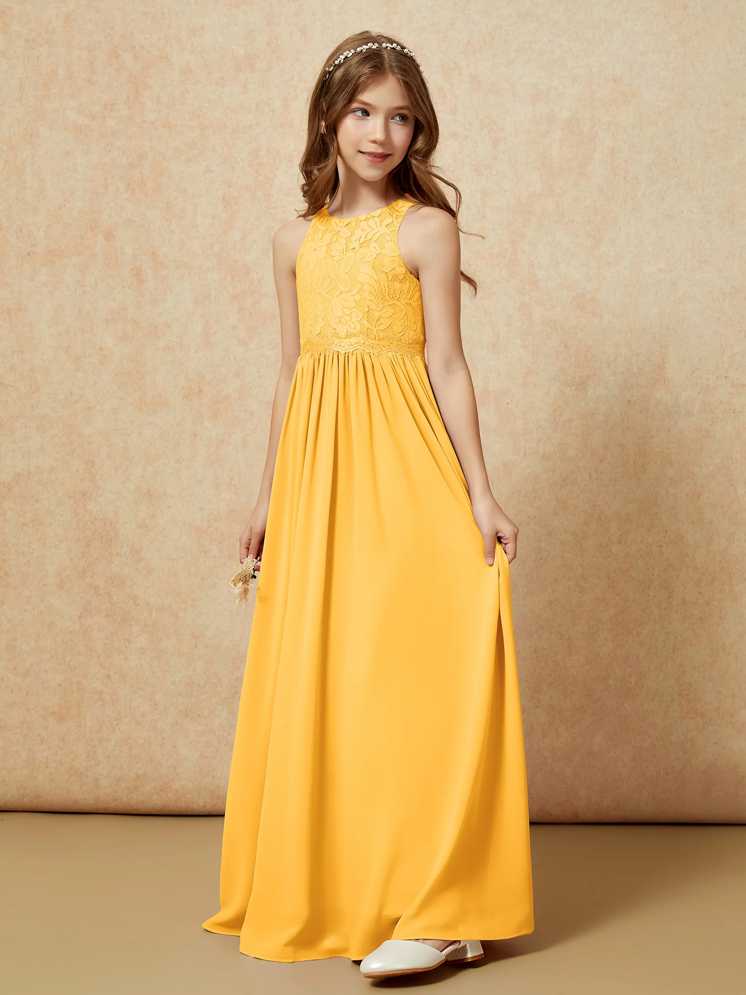 Sleeveless Lace Chiffon A-line Junior Bridesmaid Dress Tangerine - Image 3