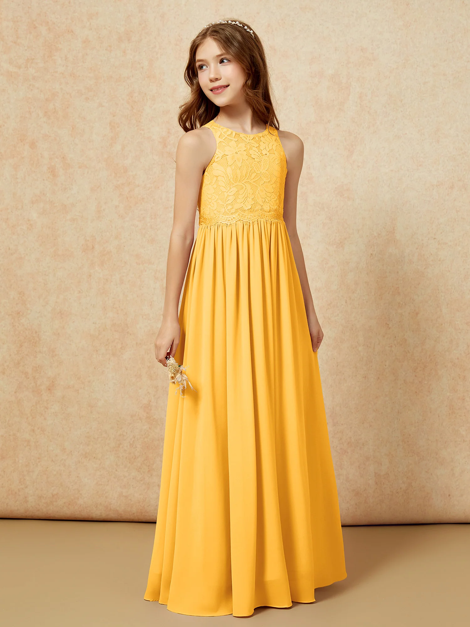 Sleeveless Lace Chiffon A-line Junior Bridesmaid Dress Tangerine - Image 5