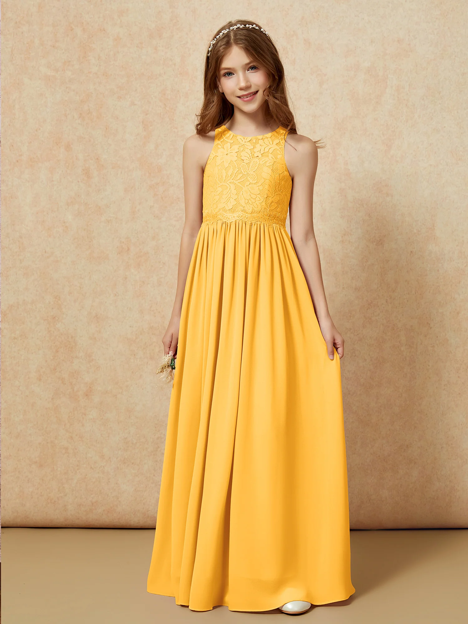 Sleeveless Lace Chiffon A-line Junior Bridesmaid Dress Tangerine - Image 6