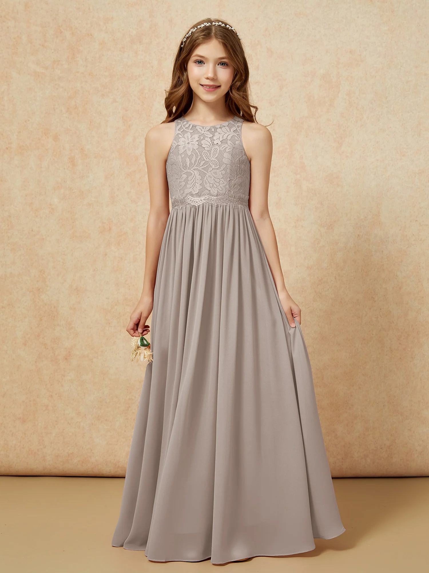 Sleeveless Lace Chiffon A-line Junior Bridesmaid Dress Taupe