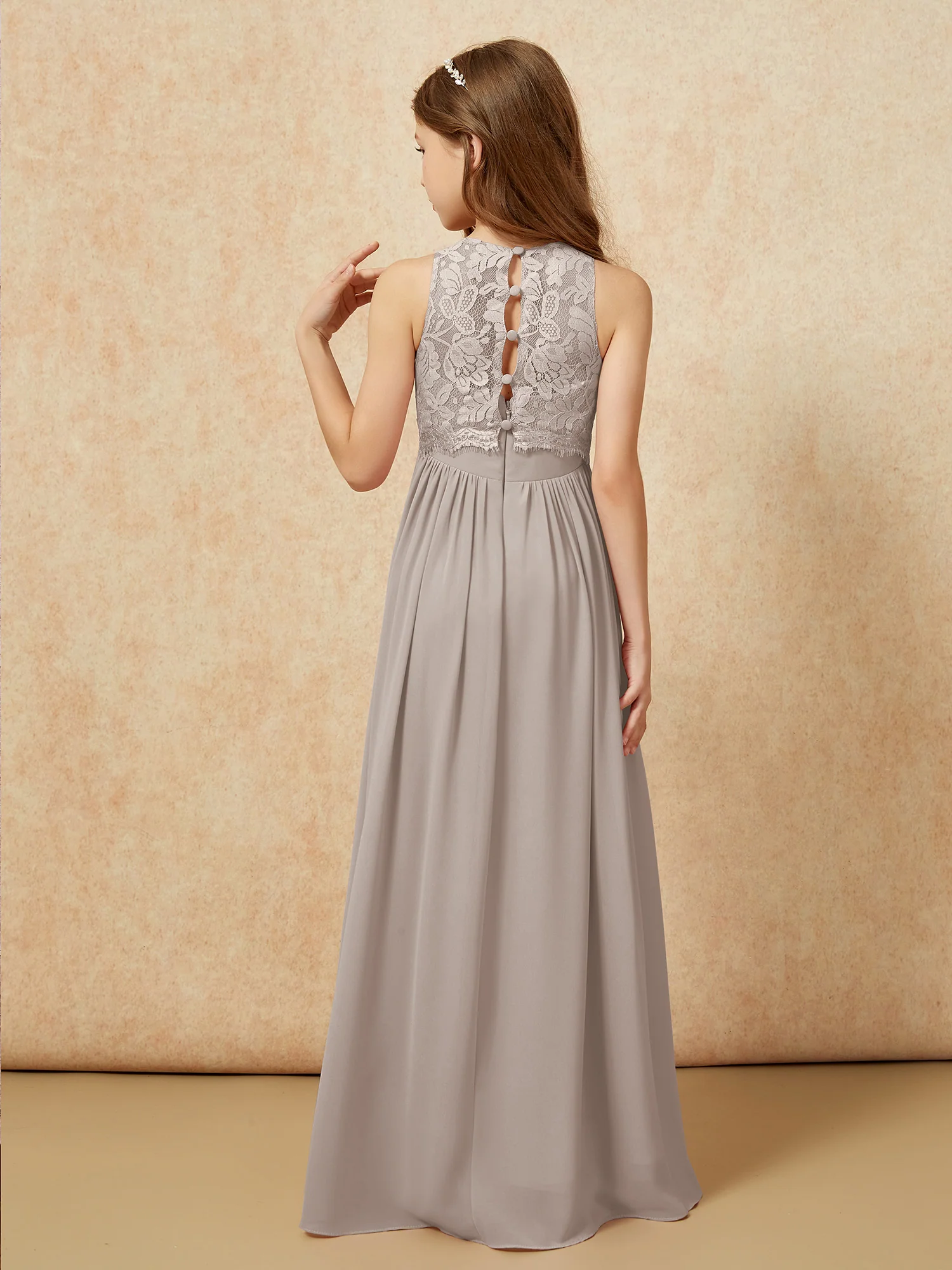 Sleeveless Lace Chiffon A-line Junior Bridesmaid Dress Taupe - Image 2