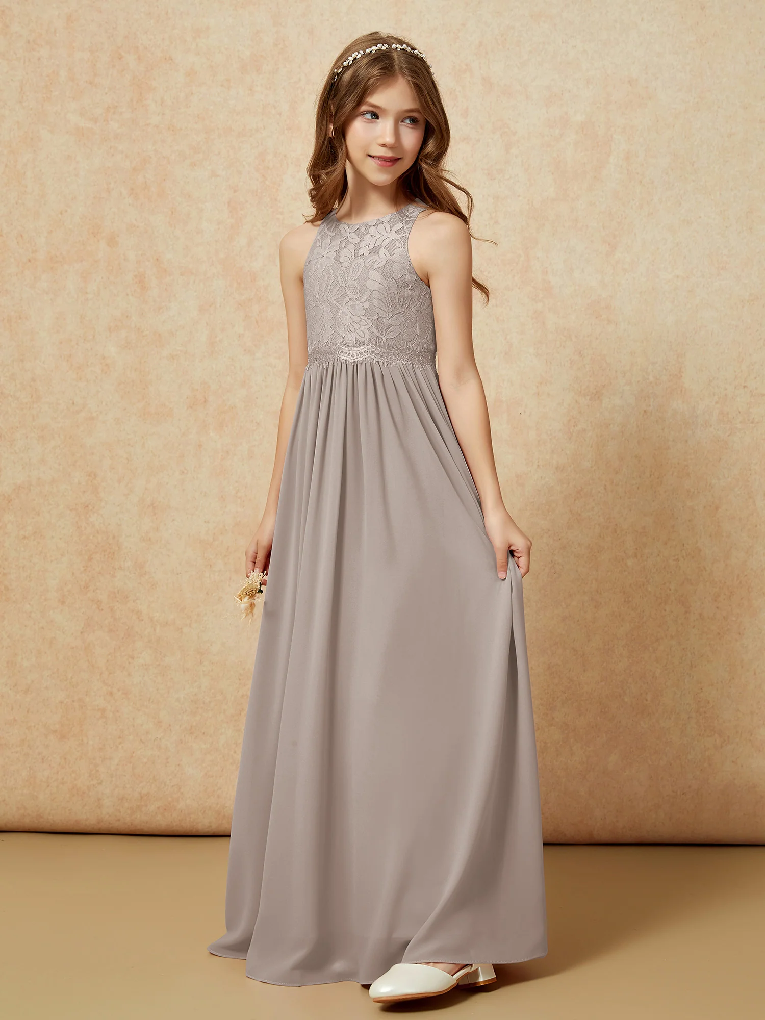 Sleeveless Lace Chiffon A-line Junior Bridesmaid Dress Taupe - Image 3