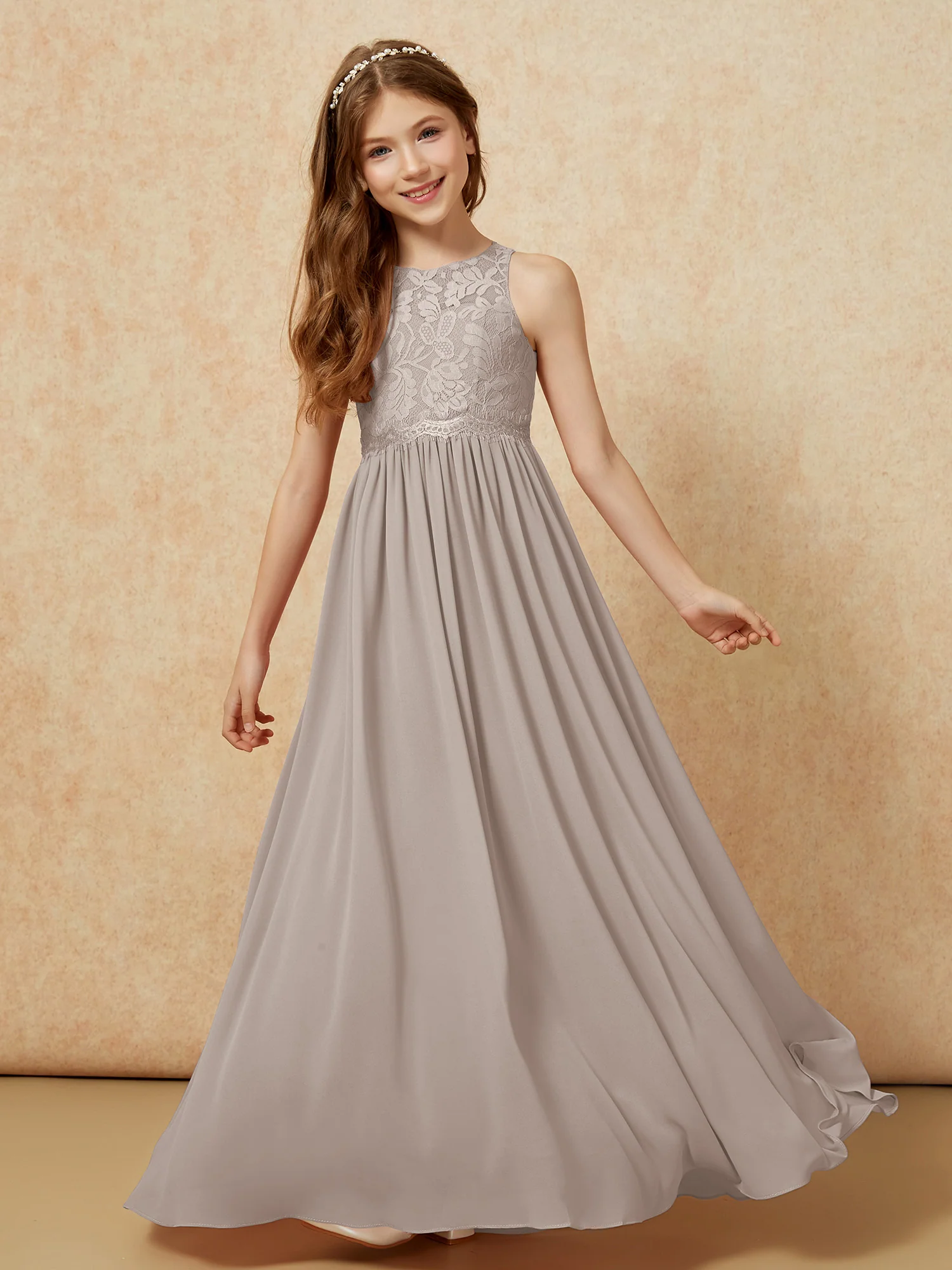 Sleeveless Lace Chiffon A-line Junior Bridesmaid Dress Taupe - Image 4