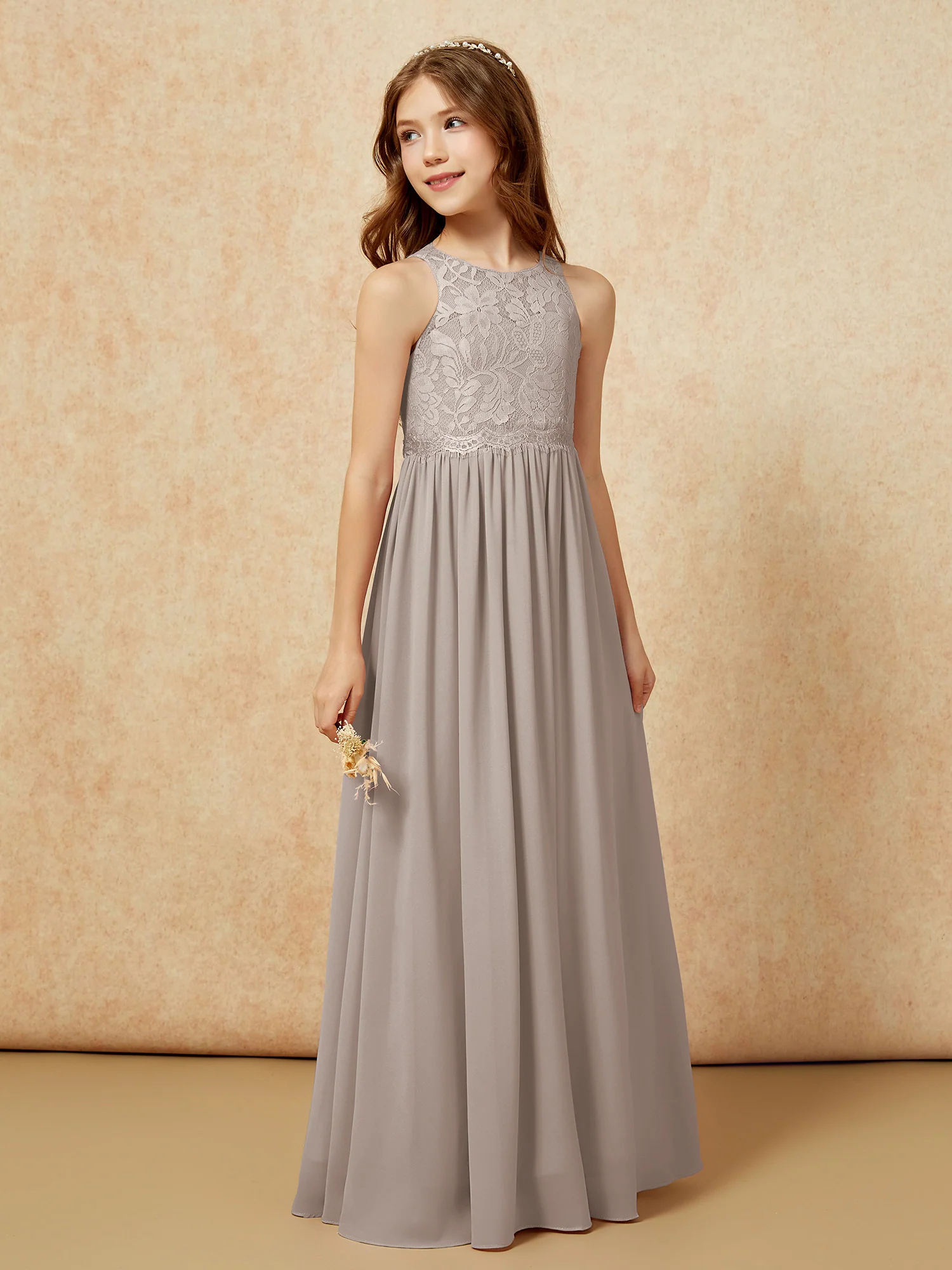 Sleeveless Lace Chiffon A-line Junior Bridesmaid Dress Taupe - Image 5