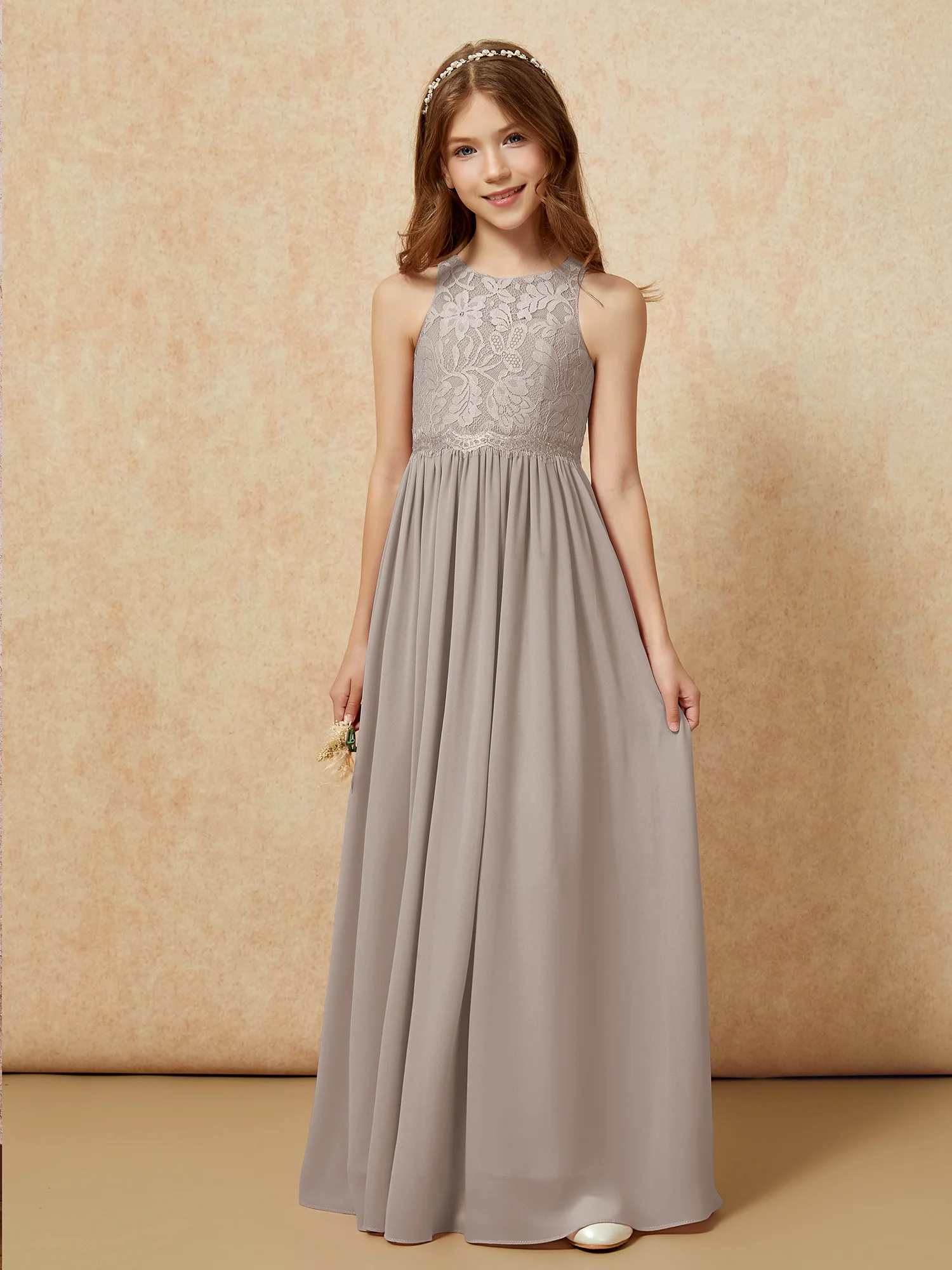 Sleeveless Lace Chiffon A-line Junior Bridesmaid Dress Taupe - Image 6
