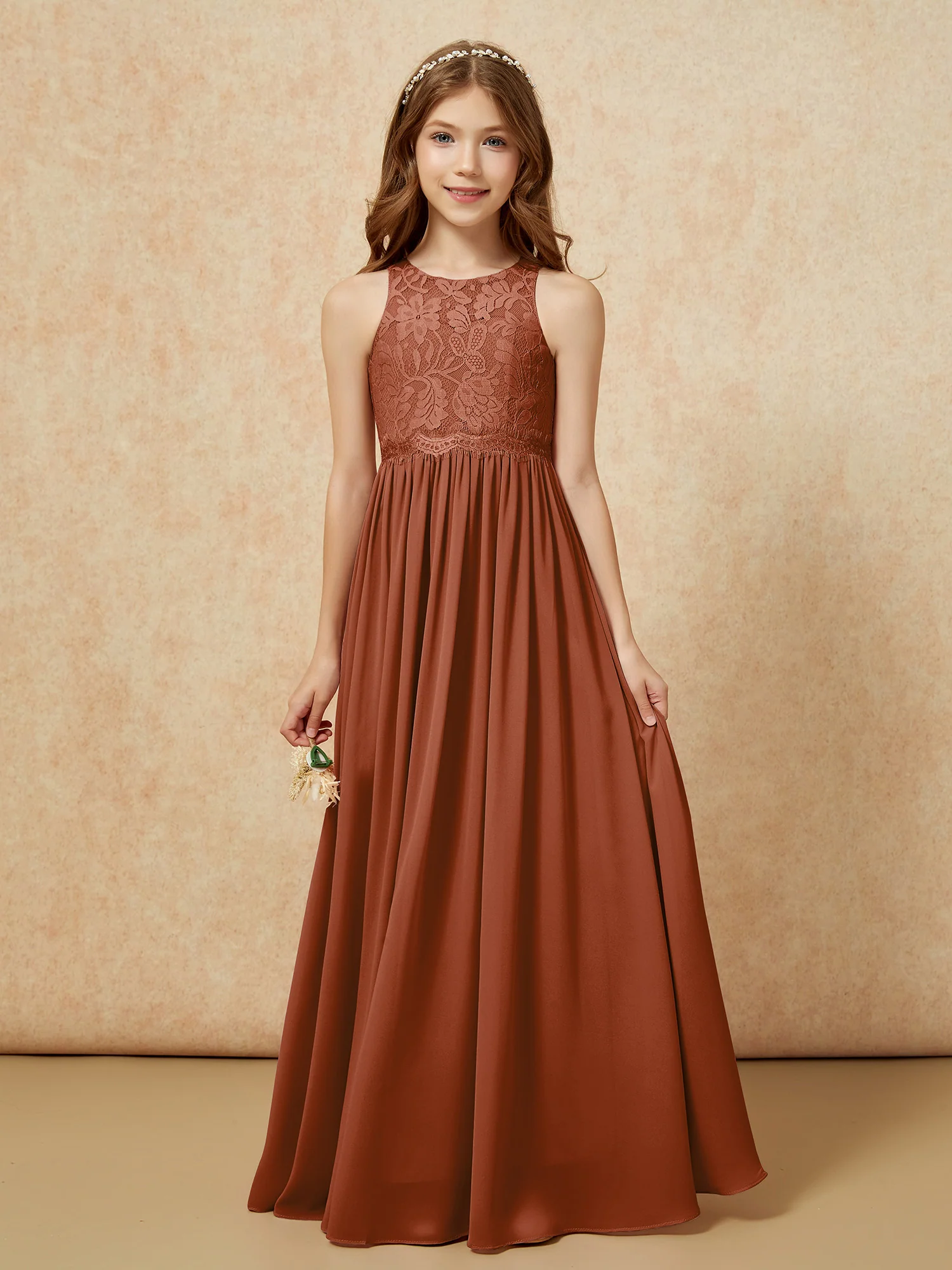 Sleeveless Lace Chiffon A-line Junior Bridesmaid Dress Terracotta