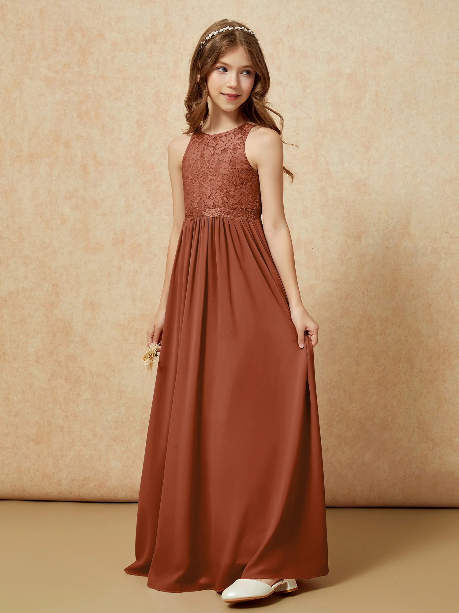 Sleeveless Lace Chiffon A-line Junior Bridesmaid Dress Terracotta - Image 3