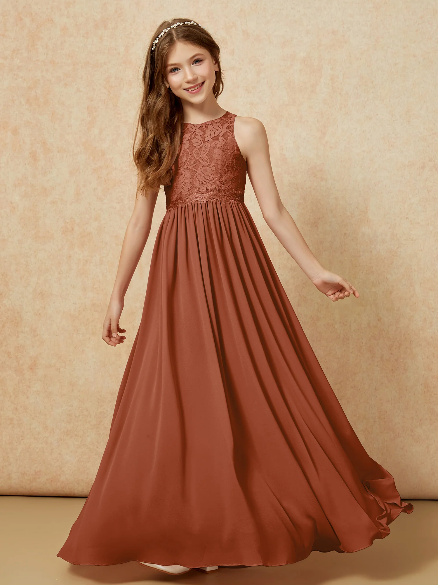 Sleeveless Lace Chiffon A-line Junior Bridesmaid Dress Terracotta - Image 4
