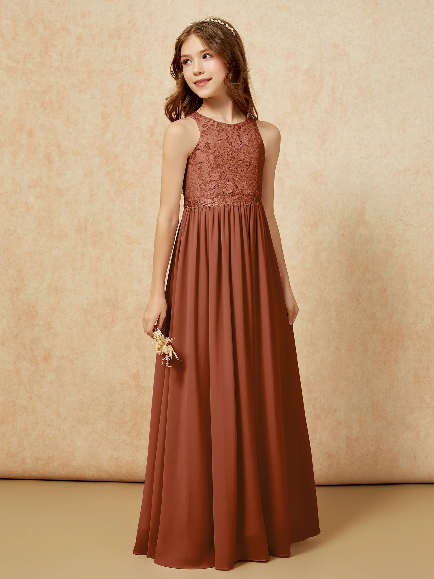 Sleeveless Lace Chiffon A-line Junior Bridesmaid Dress Terracotta - Image 5