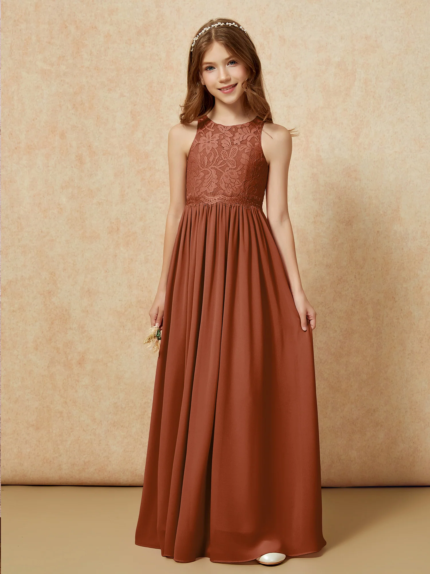 Sleeveless Lace Chiffon A-line Junior Bridesmaid Dress Terracotta - Image 6
