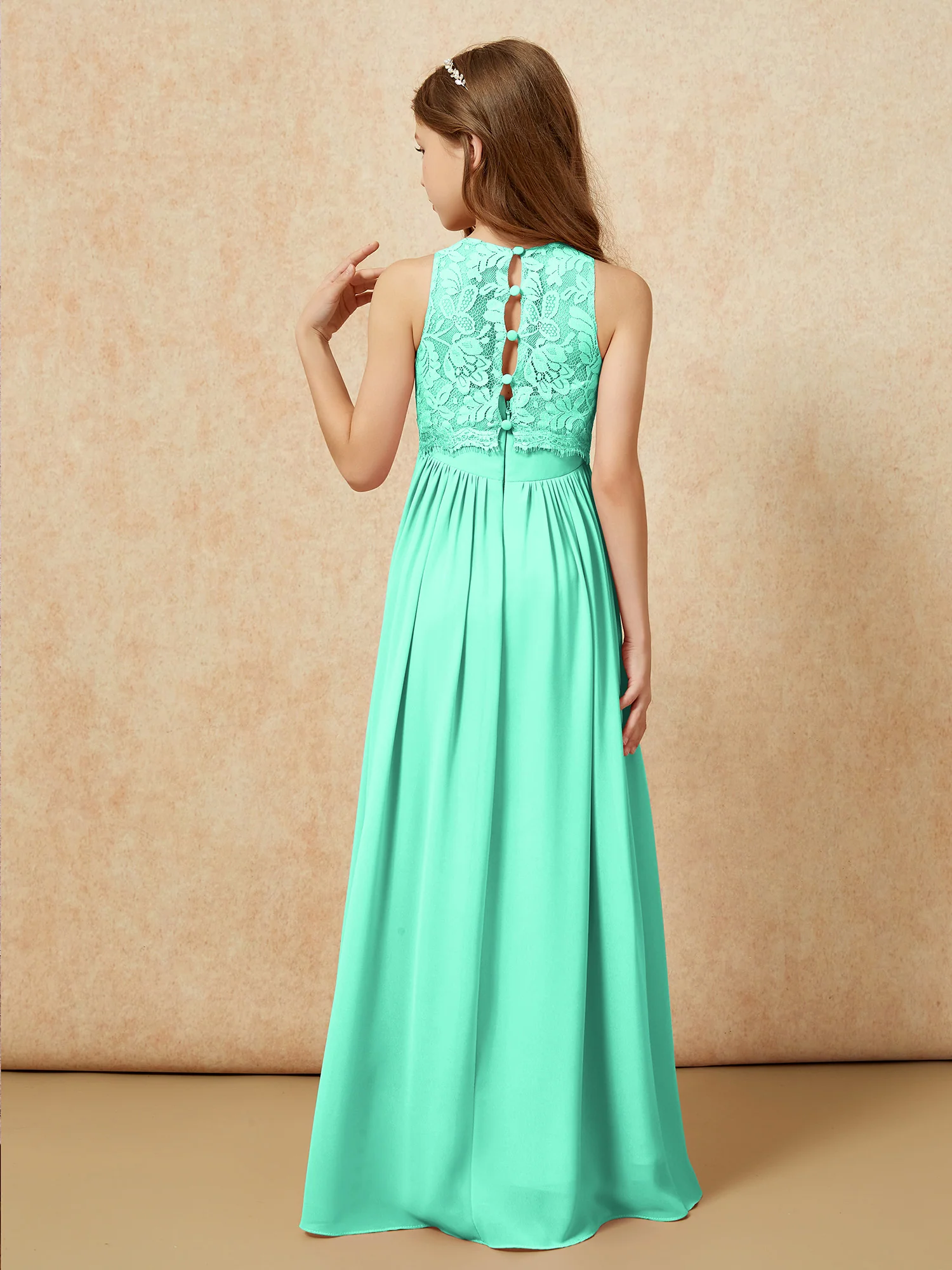 Sleeveless Lace Chiffon A-line Junior Bridesmaid Dress Turquoise - Image 2
