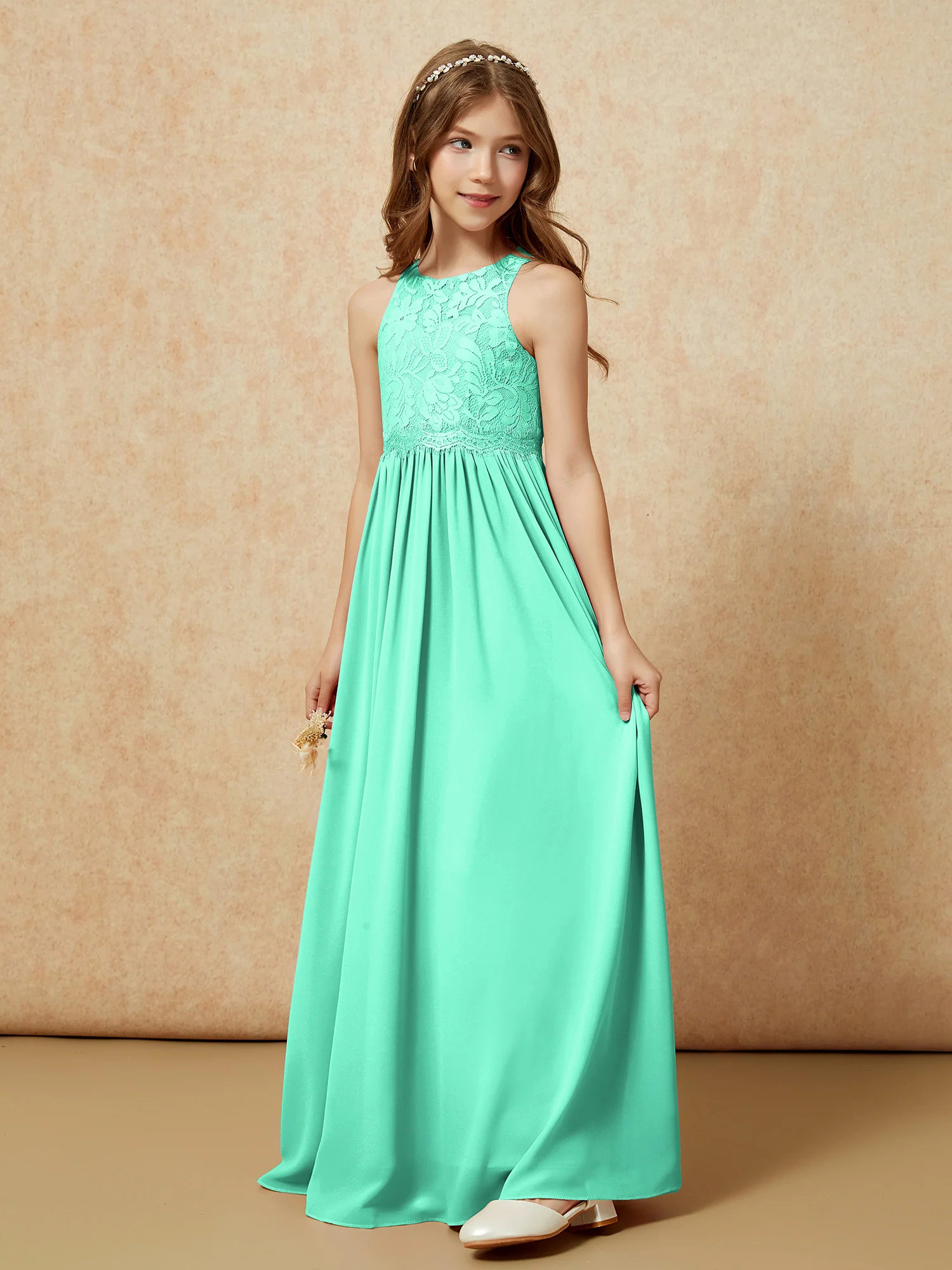 Sleeveless Lace Chiffon A-line Junior Bridesmaid Dress Turquoise - Image 3