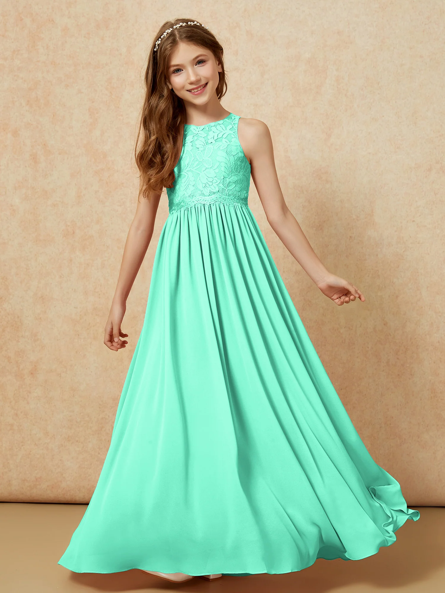Sleeveless Lace Chiffon A-line Junior Bridesmaid Dress Turquoise - Image 4
