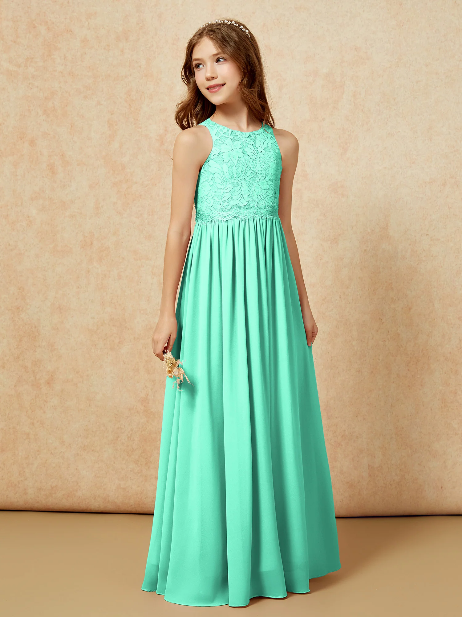 Sleeveless Lace Chiffon A-line Junior Bridesmaid Dress Turquoise - Image 5
