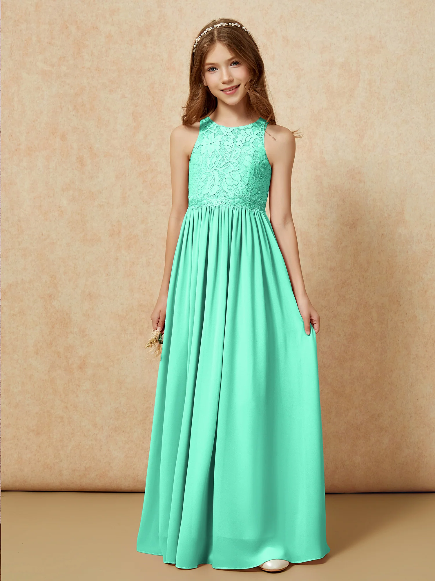 Sleeveless Lace Chiffon A-line Junior Bridesmaid Dress Turquoise - Image 6