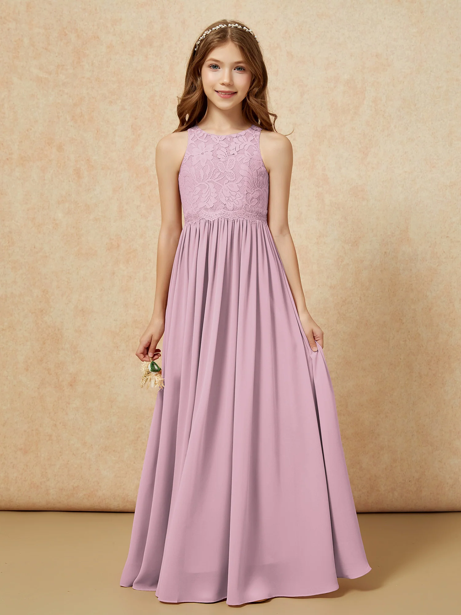 Sleeveless Lace Chiffon A-line Junior Bridesmaid Dress Vintage Mauve