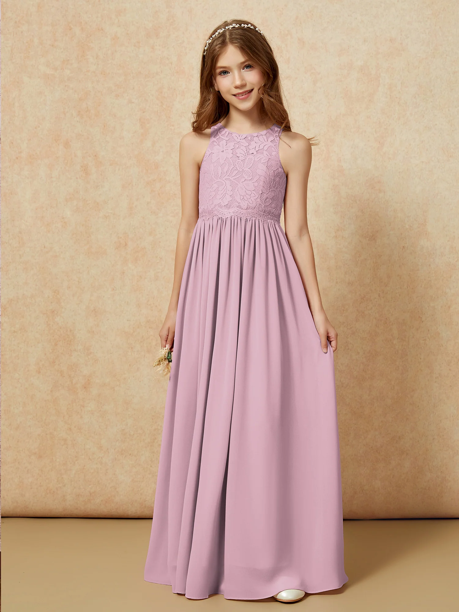Sleeveless Lace Chiffon A-line Junior Bridesmaid Dress Vintage Mauve - Image 6