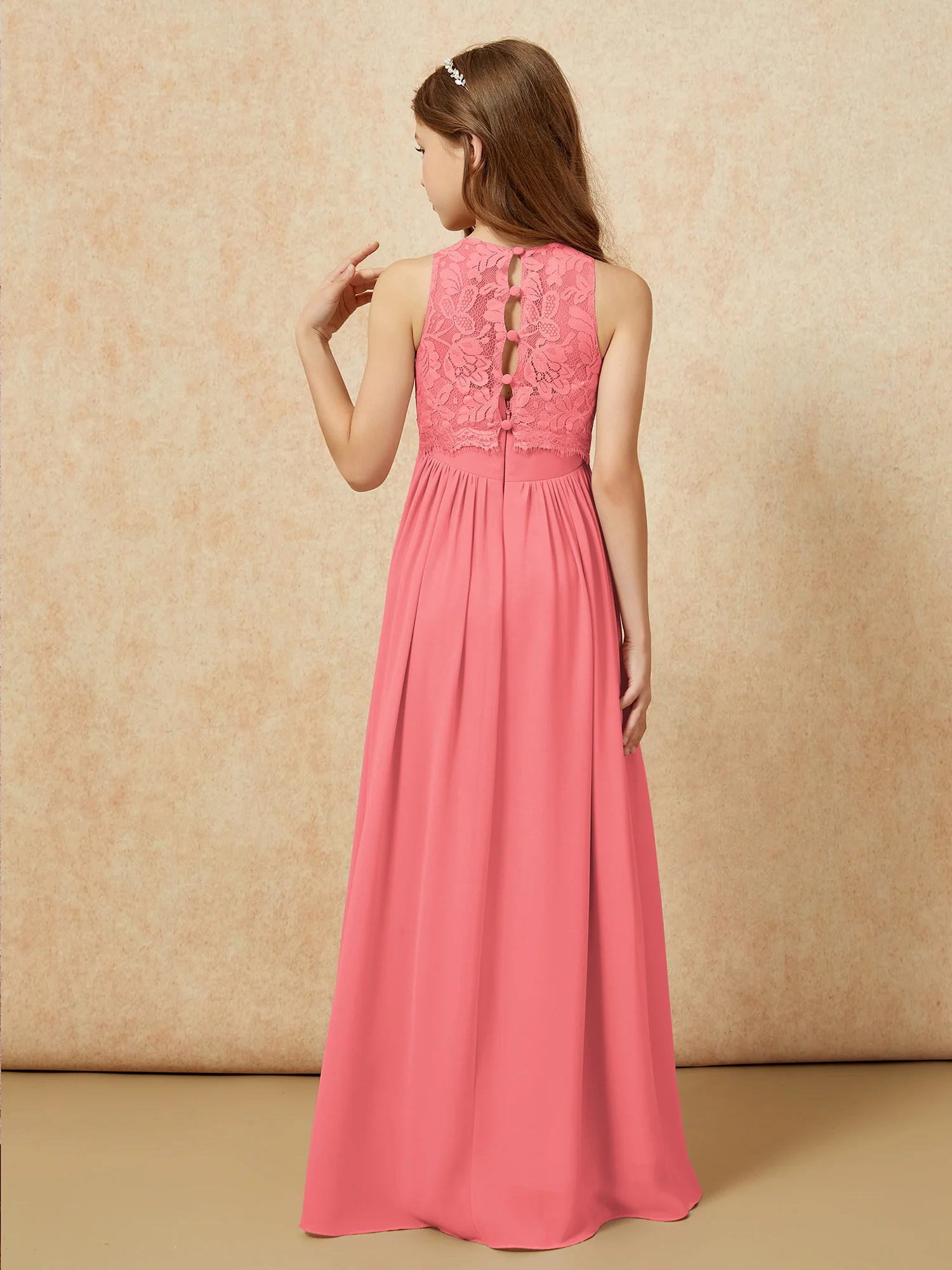 Sleeveless Lace Chiffon A-line Junior Bridesmaid Dress Watermelon - Image 2