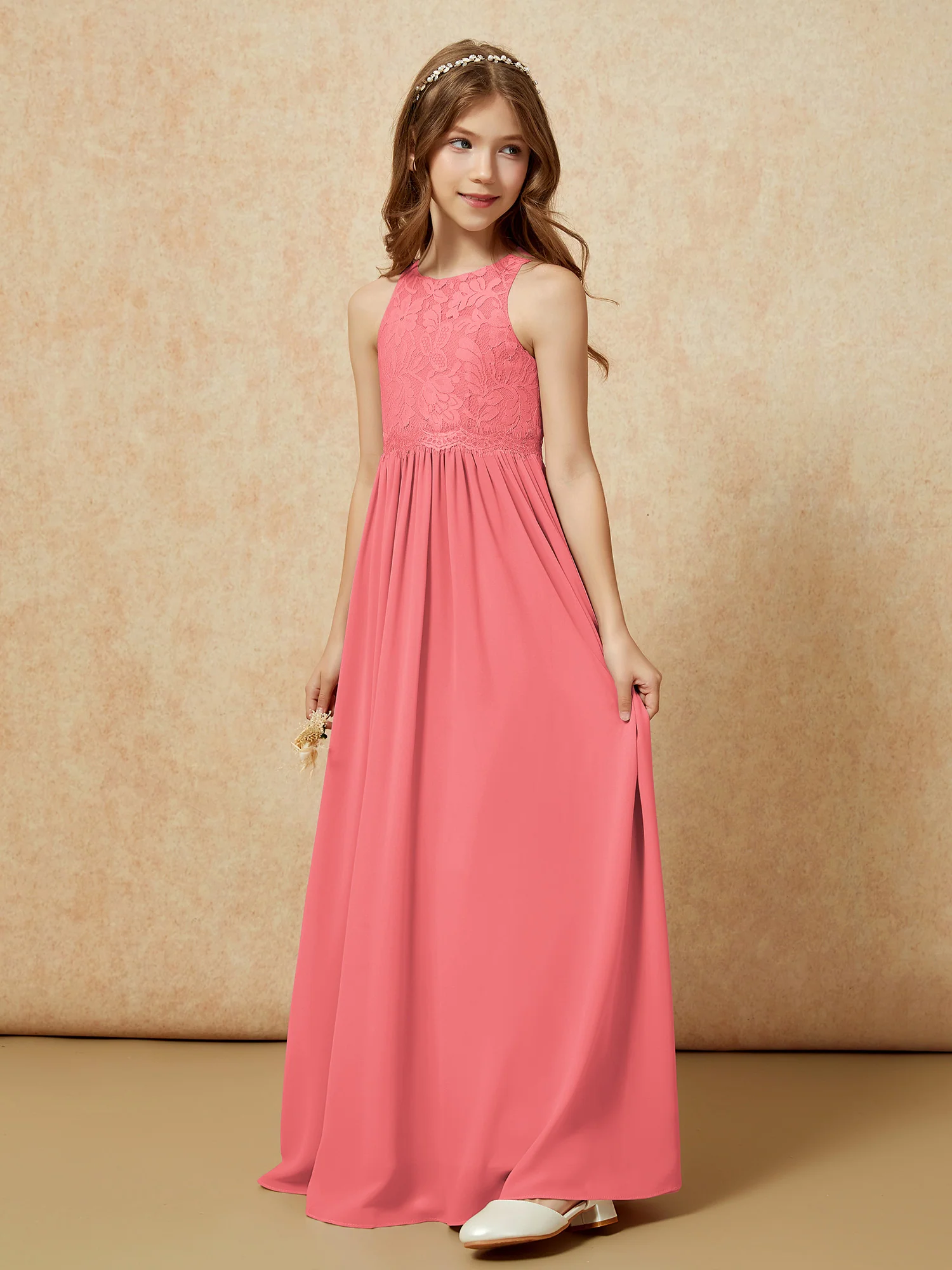 Sleeveless Lace Chiffon A-line Junior Bridesmaid Dress Watermelon - Image 3