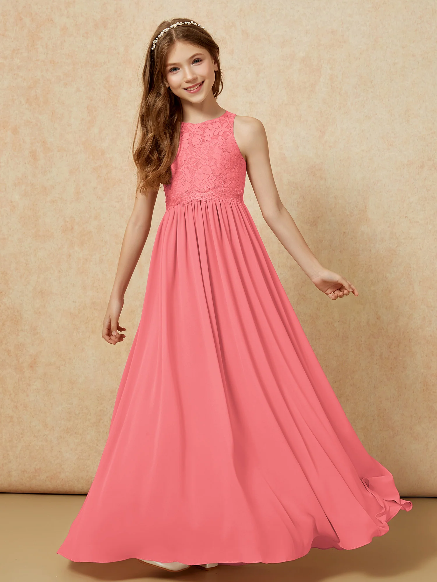 Sleeveless Lace Chiffon A-line Junior Bridesmaid Dress Watermelon - Image 4