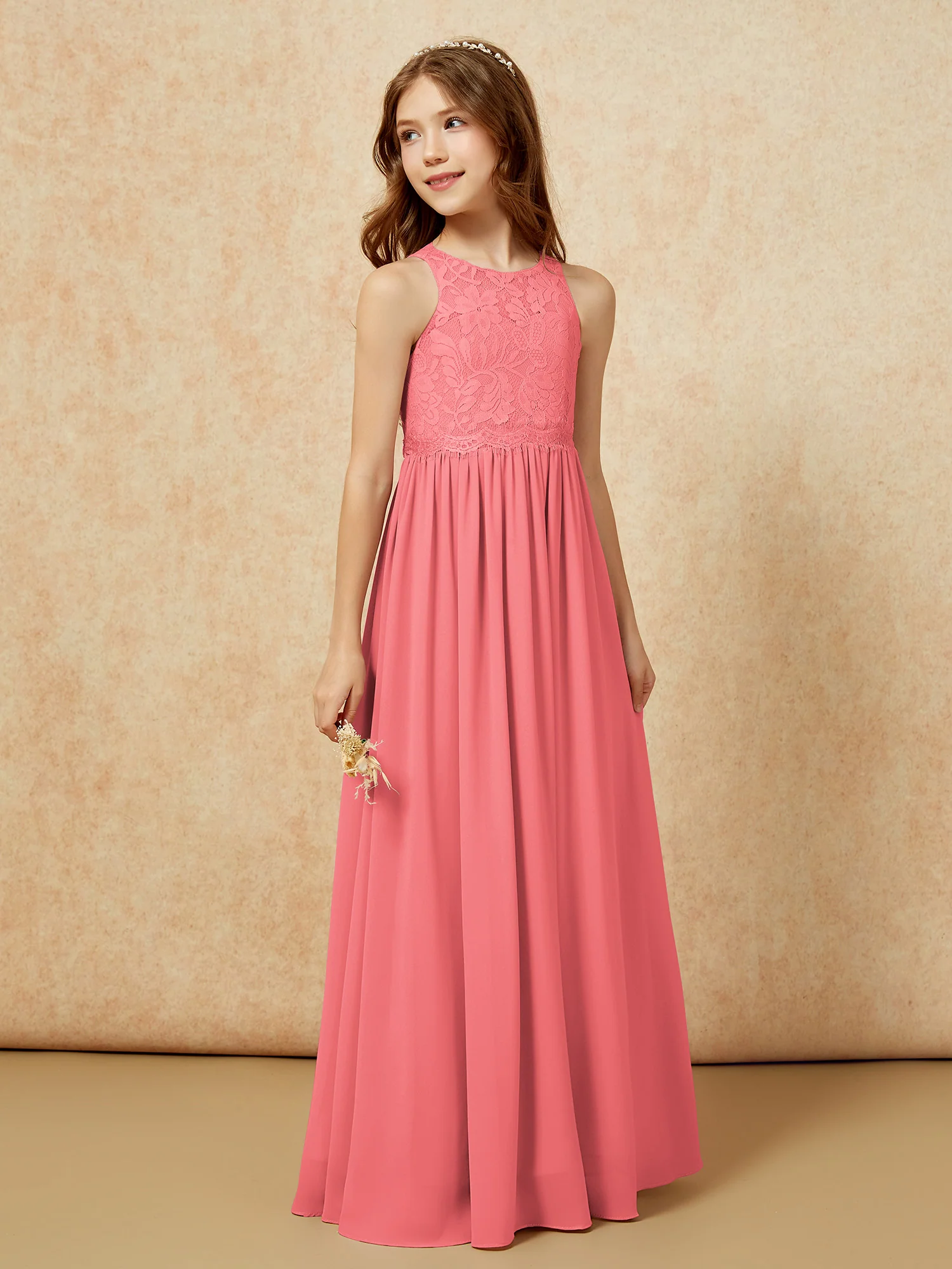 Sleeveless Lace Chiffon A-line Junior Bridesmaid Dress Watermelon - Image 5