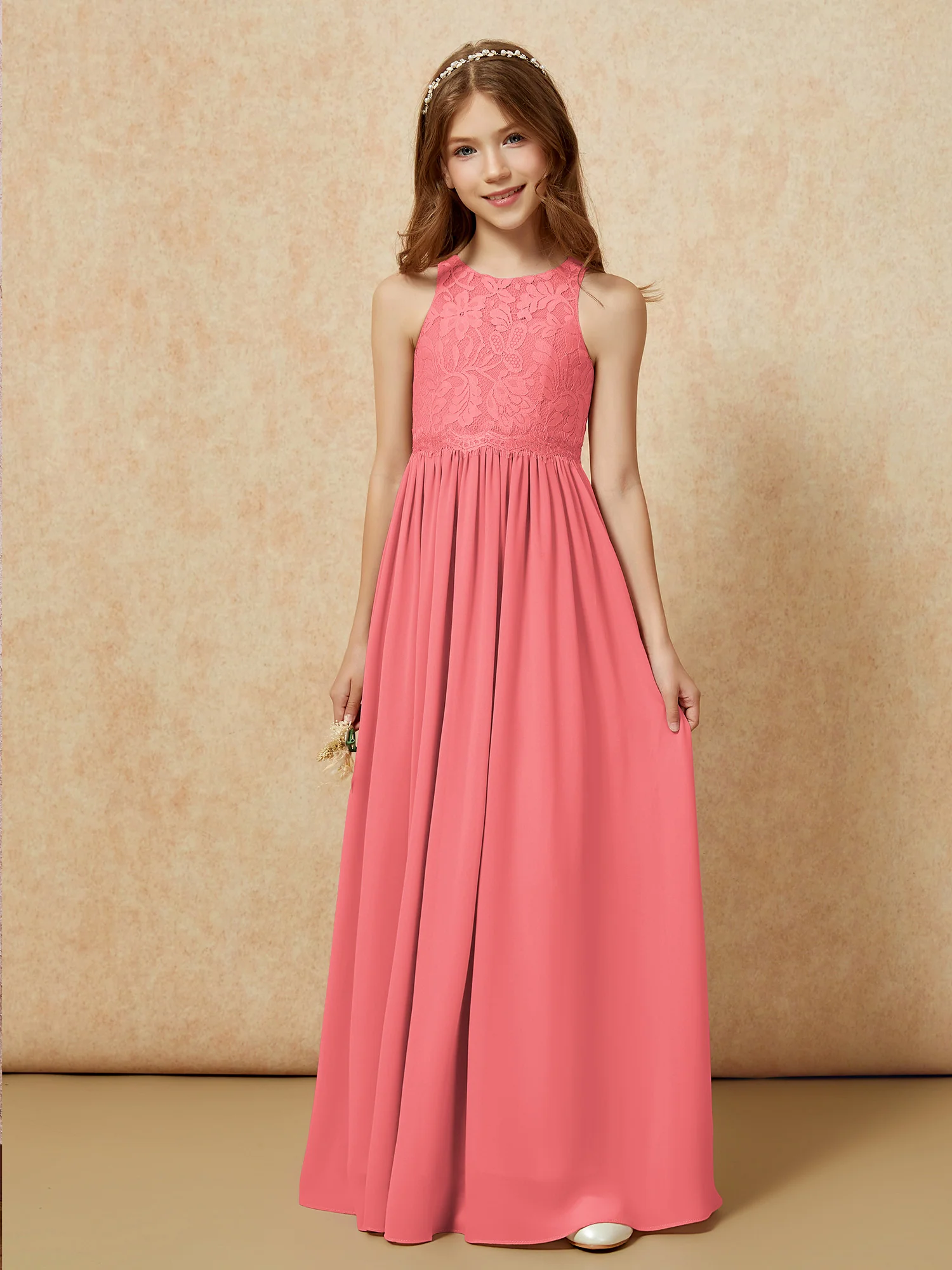 Sleeveless Lace Chiffon A-line Junior Bridesmaid Dress Watermelon - Image 6