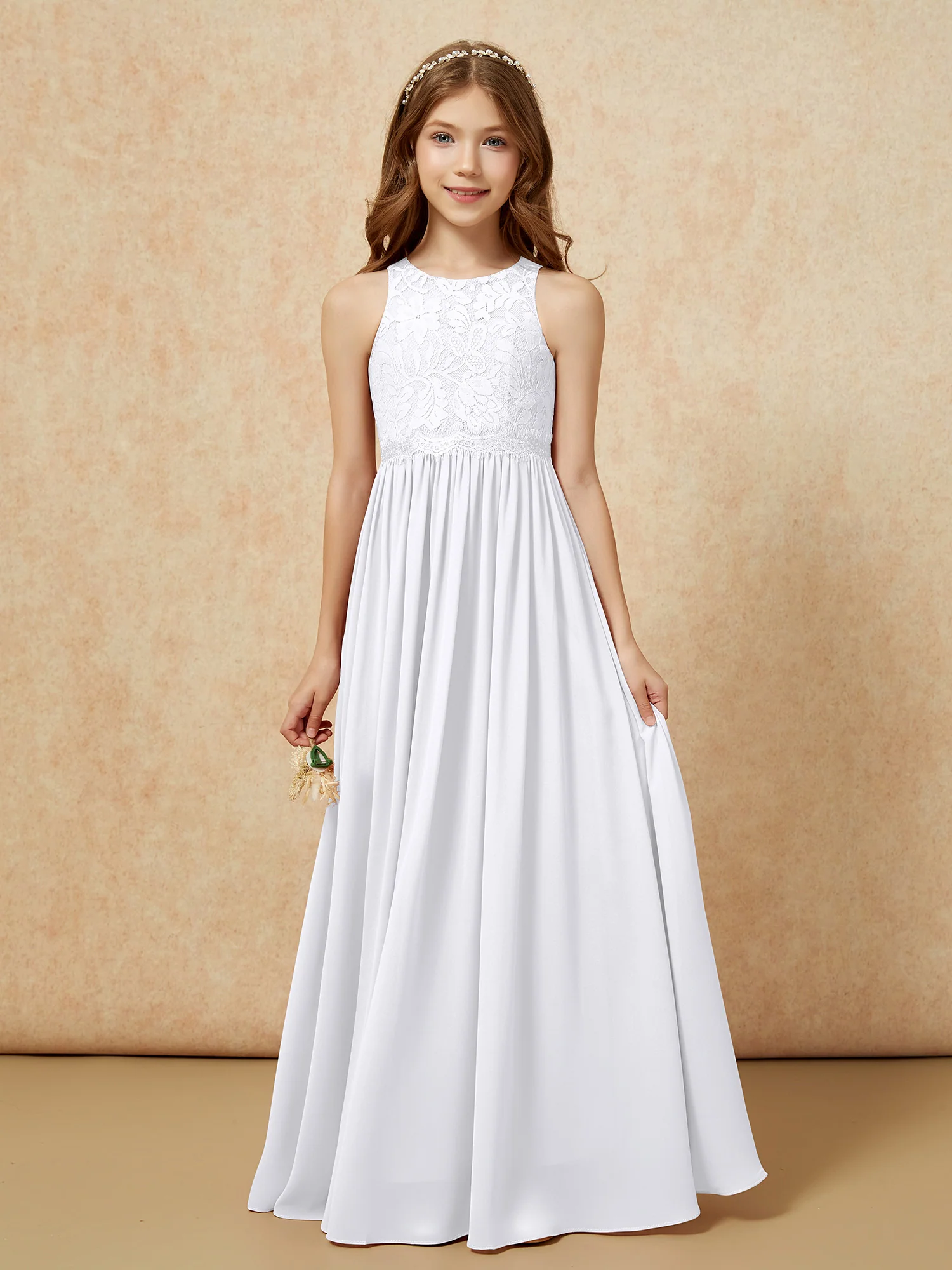 Sleeveless Lace Chiffon A-line Junior Bridesmaid Dress White
