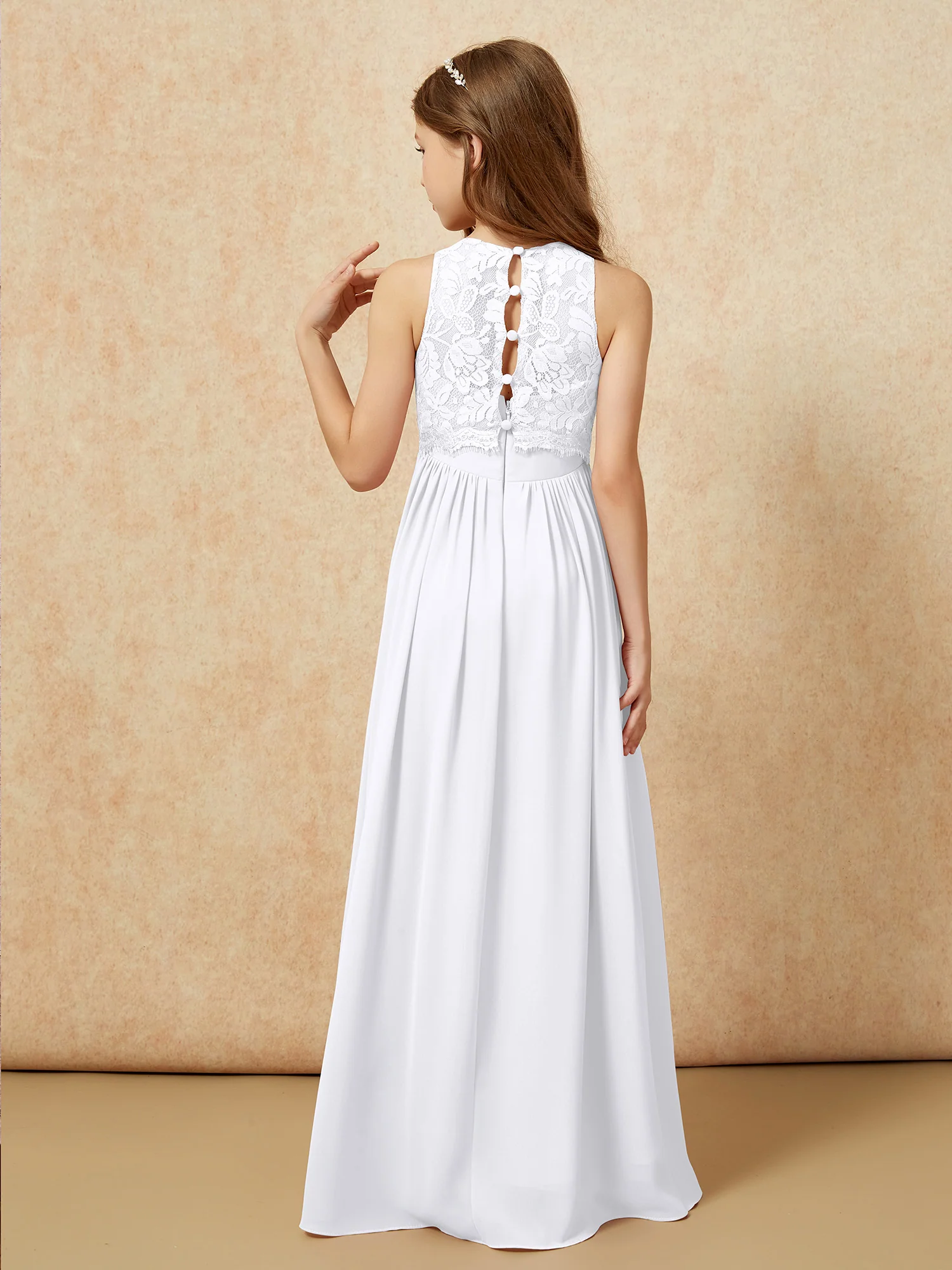 Sleeveless Lace Chiffon A-line Junior Bridesmaid Dress White - Image 2