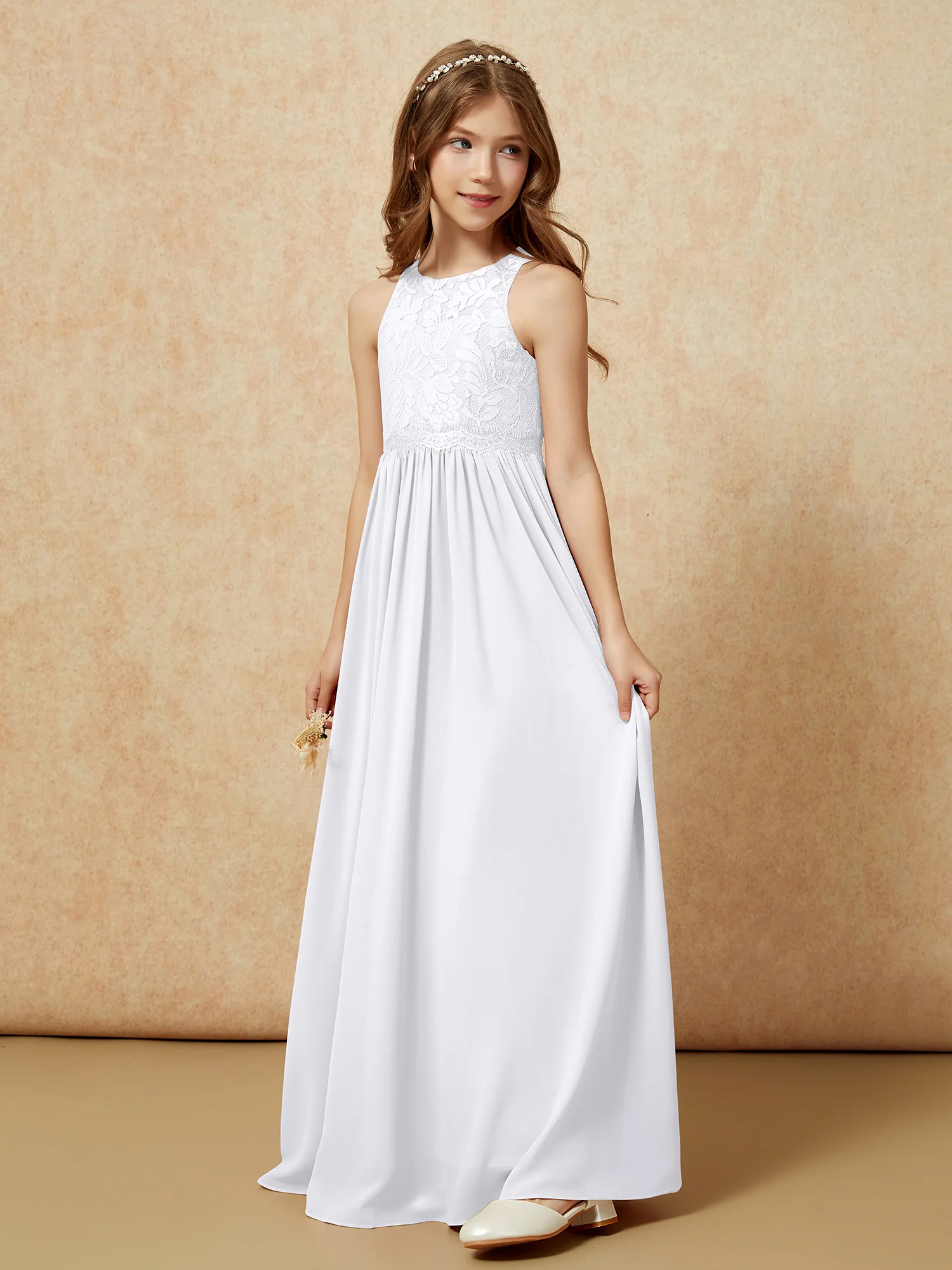 Sleeveless Lace Chiffon A-line Junior Bridesmaid Dress White - Image 3