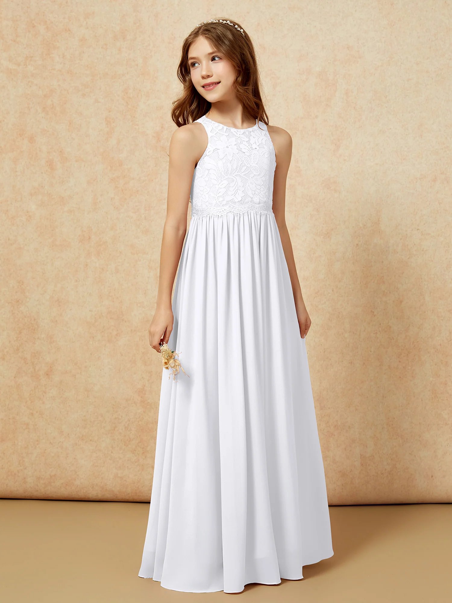 Sleeveless Lace Chiffon A-line Junior Bridesmaid Dress White - Image 5