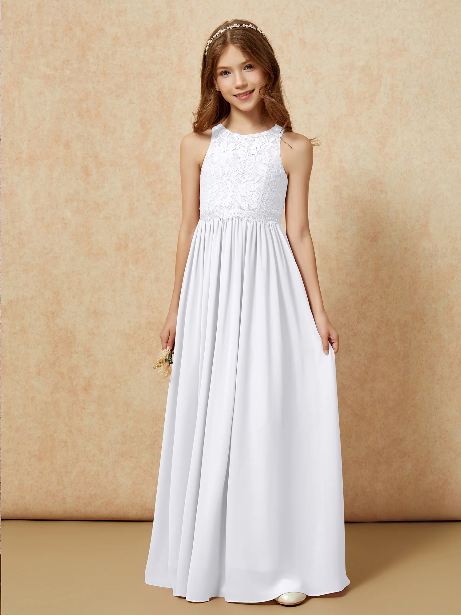 Sleeveless Lace Chiffon A-line Junior Bridesmaid Dress White - Image 6