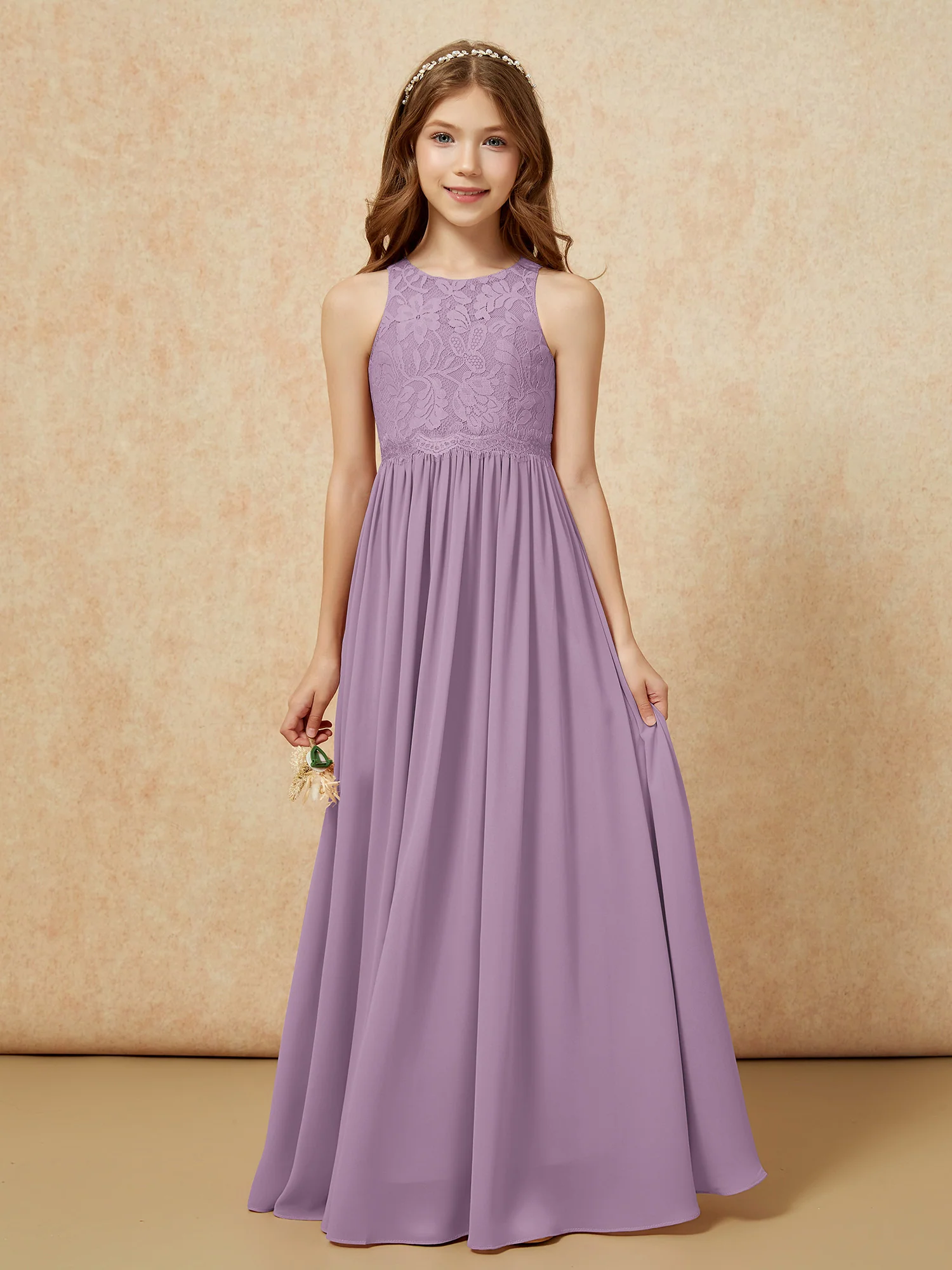 Sleeveless Lace Chiffon A-line Junior Bridesmaid Dress Wisteria