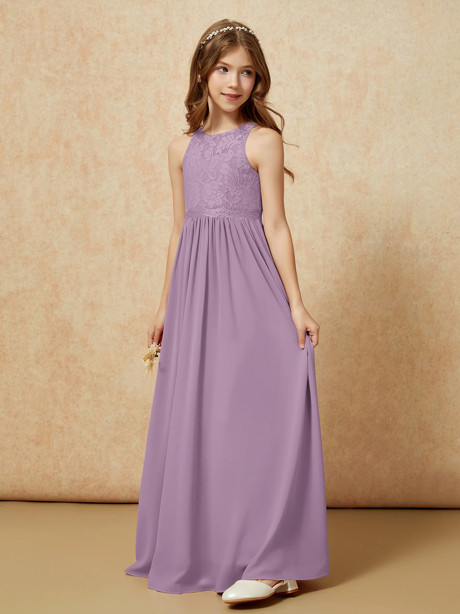 Sleeveless Lace Chiffon A-line Junior Bridesmaid Dress Wisteria - Image 3
